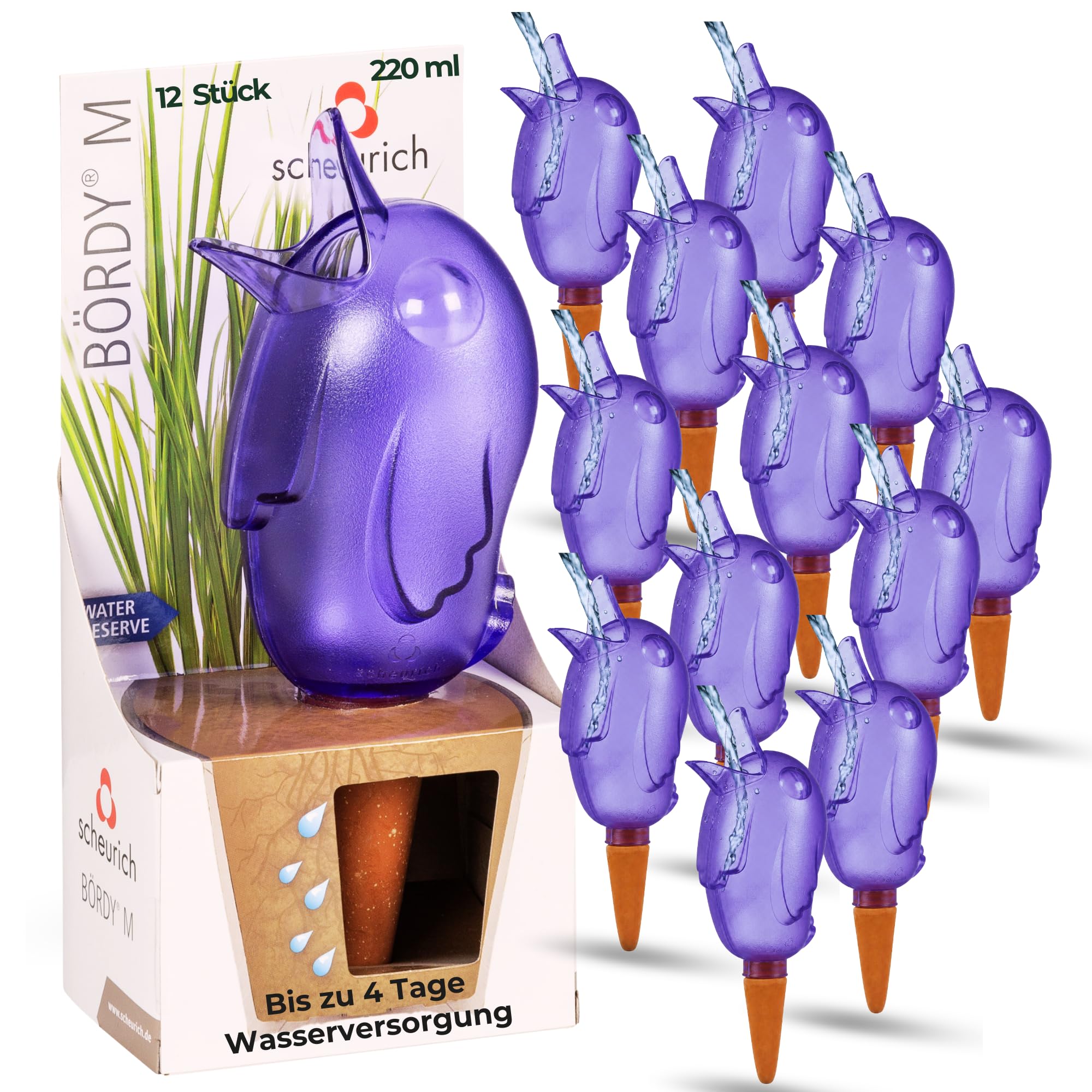 Scheurich Dozownik wody Bördy M | 12 x liliowy | pojemność 220 ml | mała kula nawadniająca z glinką | dozownik wody do roślin pokojowych i kwiatów, trzonek z terakoty