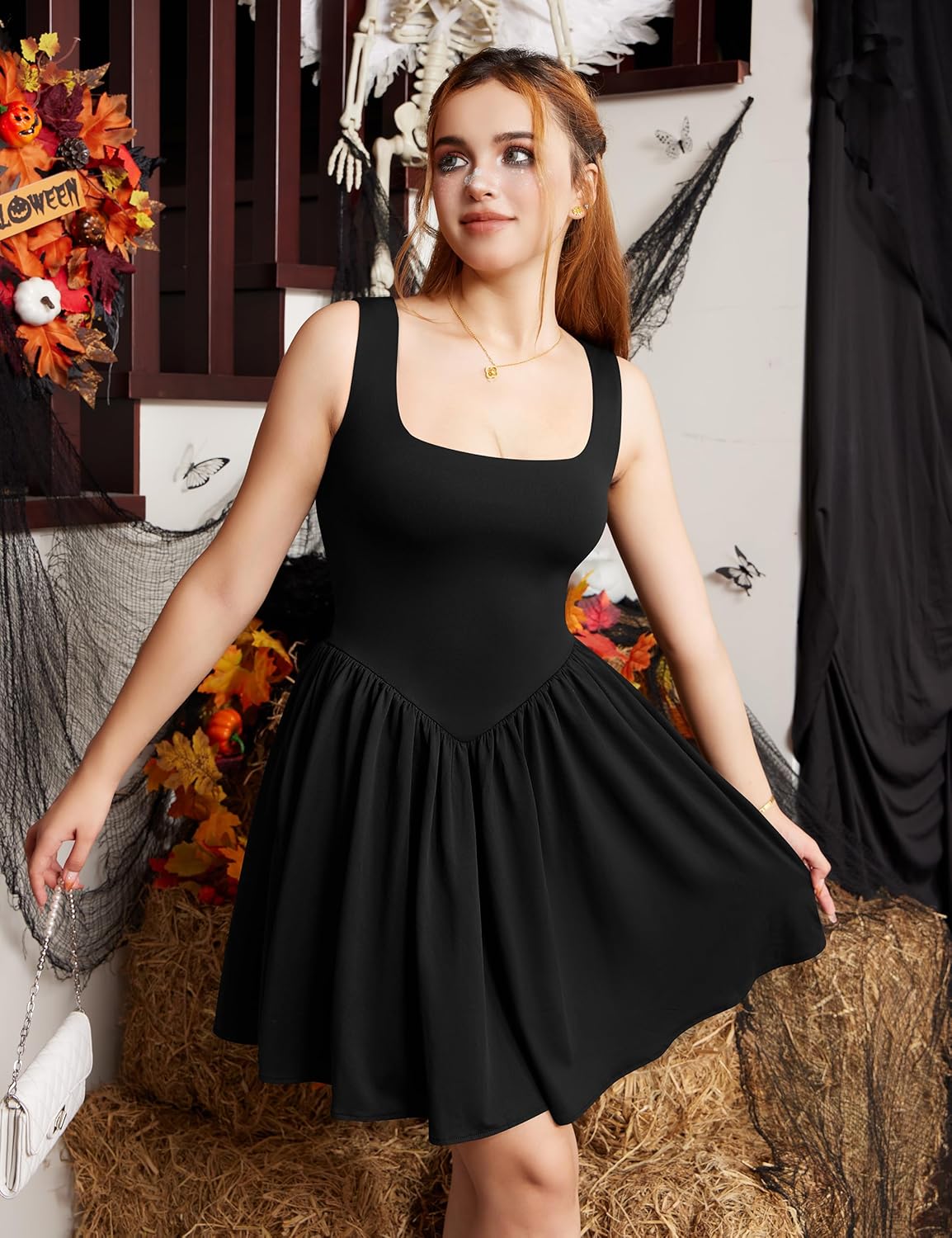 YMDUCH Women's Summer Sleeveless Square Neck A-line Ruffle Hem Mini Tank Dress with Pockets - Image 6