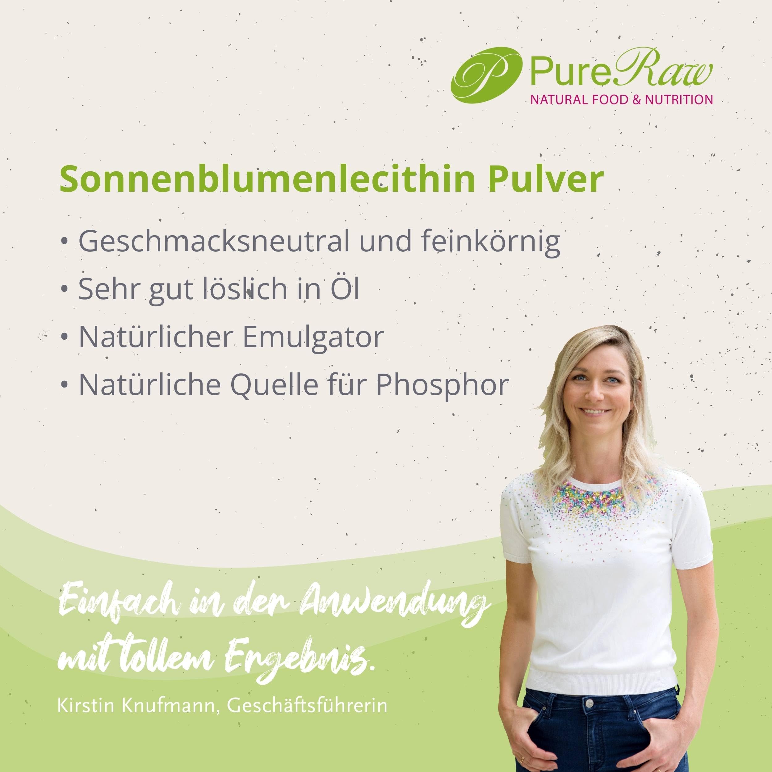 Sonnenblumen Lecithin Pulver zum Kochen & Backen - Sonnenblumenlecithin Pulver, Veganes Cholin Emulgator Feines Granulat - Sunflower Lecithin Powder I PureRaw 190g