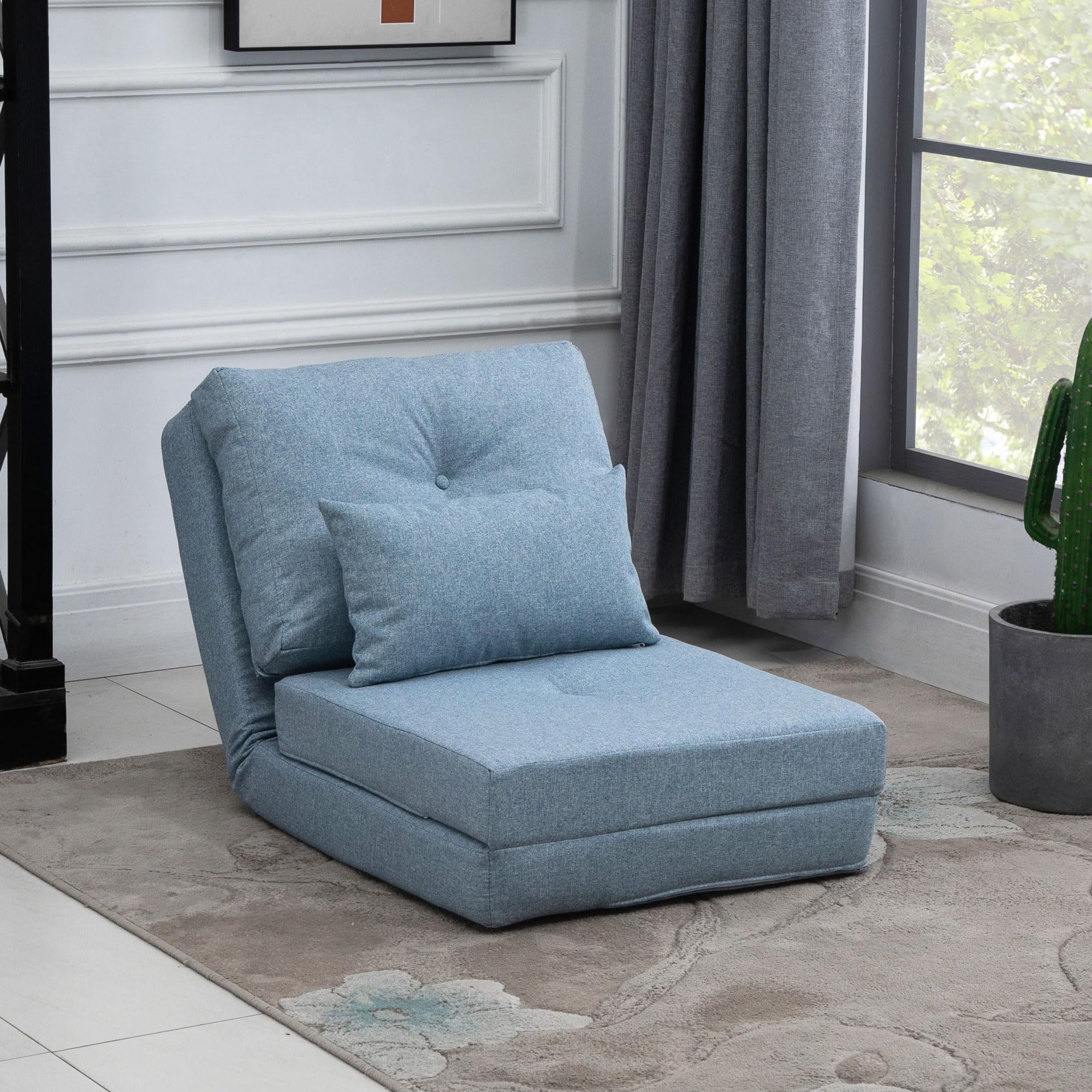 HOMCOM Fauteuil Convertible 1 Place Fauteuil Paresseux lit chauffeuse 1 Place - Coussin Inclus, Dossier réglable - Salon, Charge 120 kg, Tissu Lin Bleu