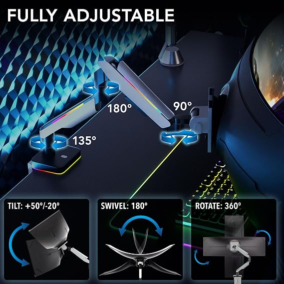Mount-It! Heavy-Duty Ultrawide Monitor Arm up to 49, 44 lb Capacity, Desk Mount for Curved & Widescreen Monitors, Compatible with Samsung Odyssey G9, Gas Spring, RGB Lighting, VESA 75x75 & 100x100