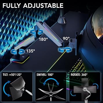 Mount-It! Heavy-Duty Ultrawide Monitor Arm up to 49, 44 lb Capacity, Desk Mount for Curved & Widescreen Monitors, Compatible with Samsung Odyssey G9, Gas Spring, RGB Lighting, VESA 75x75 & 100x100