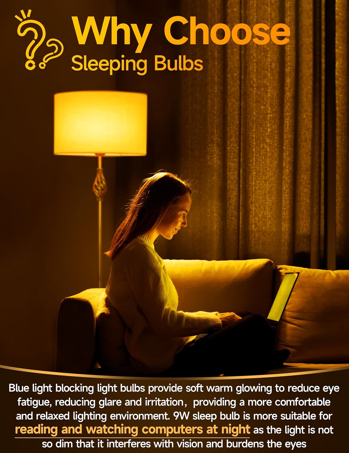 UNILAMP Amber Sleep Light Bulbs, Blue Lights Blocking, 1900K Warm Light Bulb, A19 9W (60W Equivalent) Dim Light Bulbs for Lamp, Bedroom, Nursery, Sleep Therapy, 2 Pack