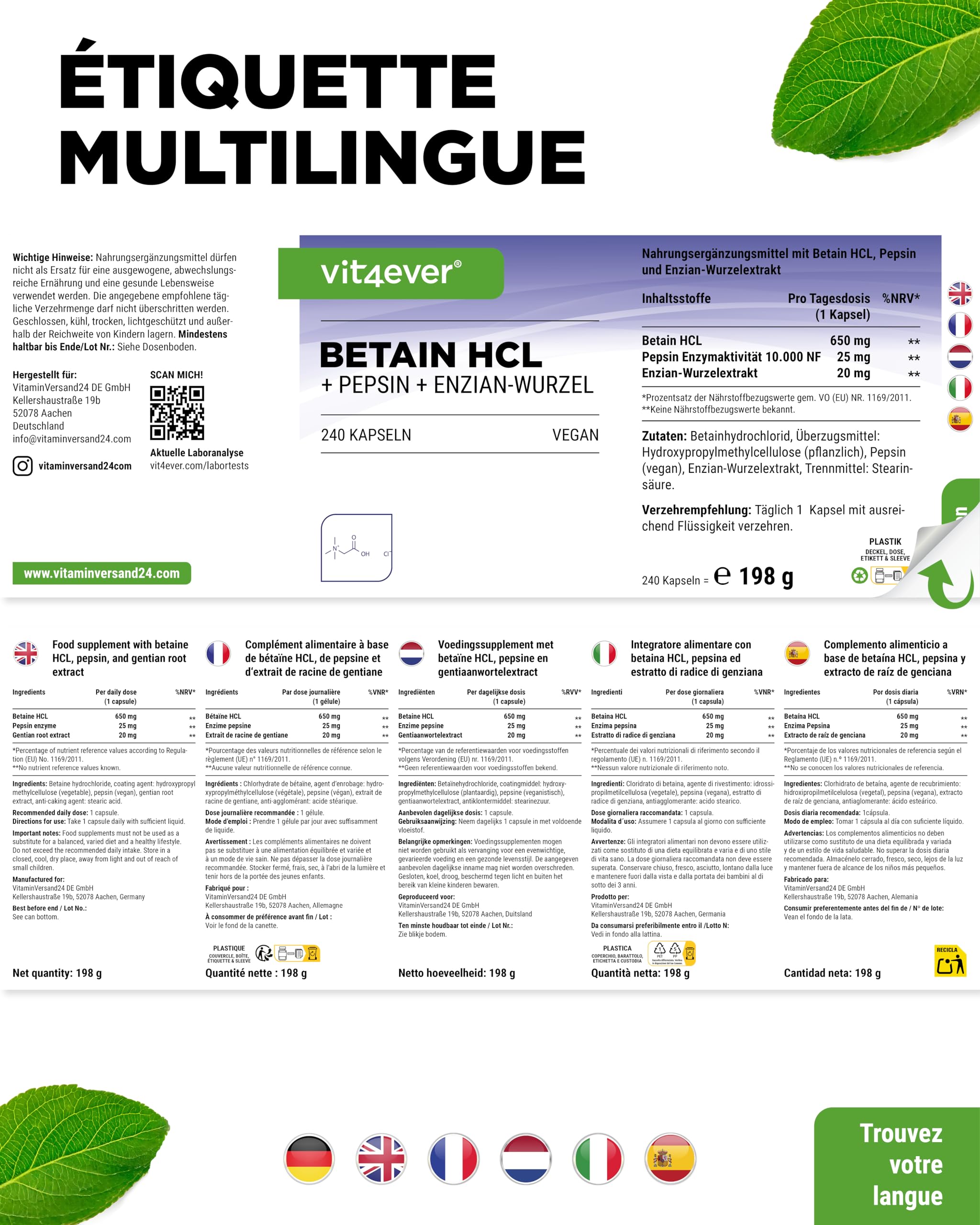 Betaine HCL - 240 Gélules avec 650 mg Bétaïne HCL - Avec Pepsine & Gentiane Amère - Enzymes Digestives à Spectre Complet - Forte Dose - Végan