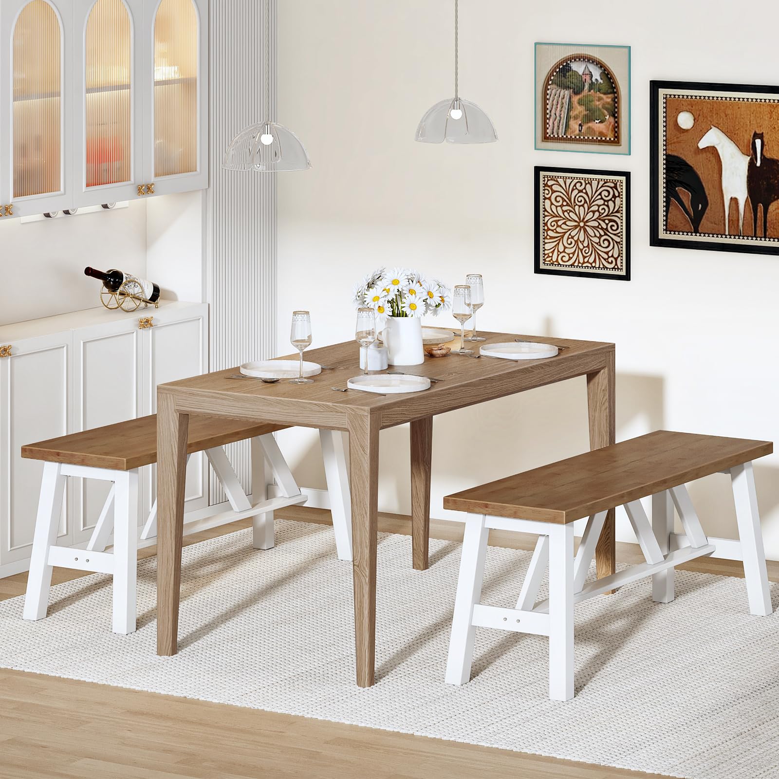 HOOBRO Bamboo Dining Bench, 39.4 inch Farmhouse Kitchen Table Bench, Solid Bamboo Dining Room Bench for Kitchen, Living Room, Bedroom, Hallway, Sturdy and Stable, Walnut and White WH17CD01