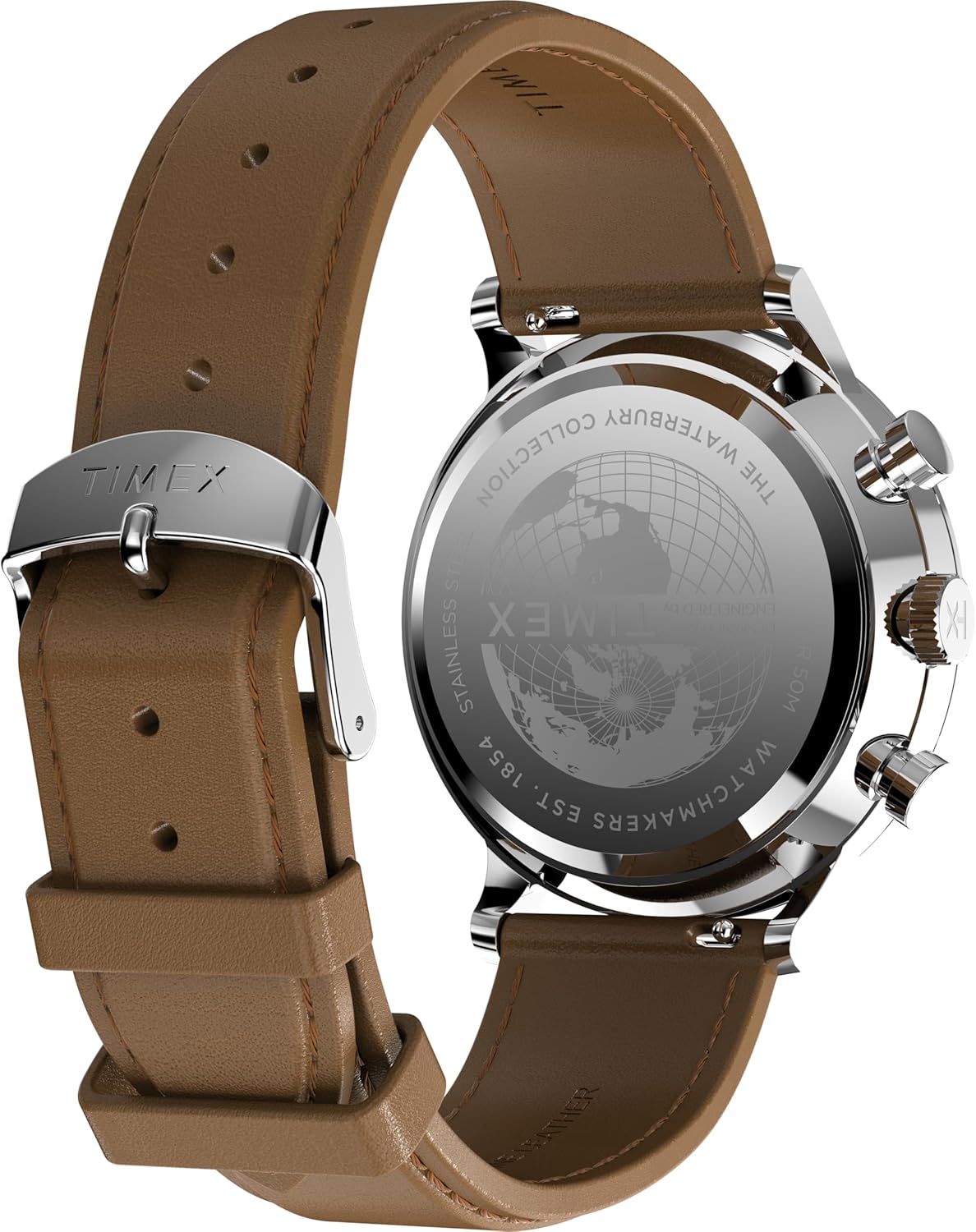 Timex Men's Waterbury 40 mm Watch, Brown Leather Strap Black Dial Stainless Steel Case TW2Y29300, Silver, Bracelet