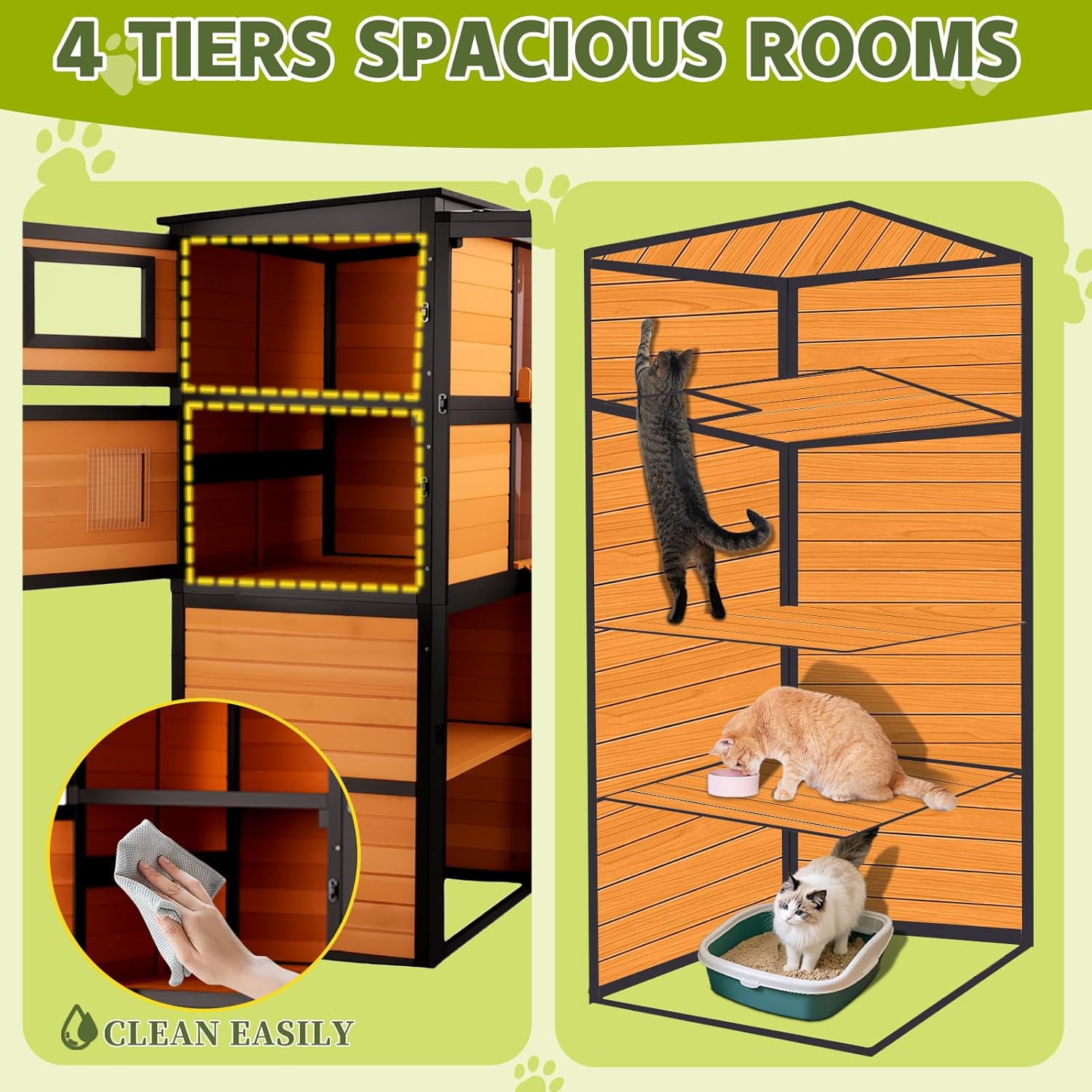 Catio Outdoor Cat Enclosures, Large 4 Tiers Wood Cat House, Cat Enclosure Connect to Window with Weatherproof Roof, 4 Platforms, Scratching Pole & Bridge