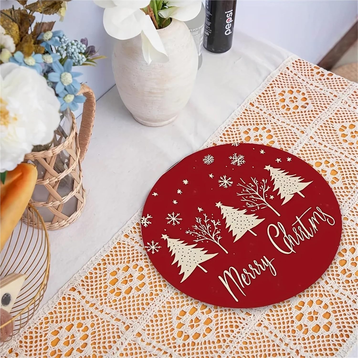 4PC Christmas Red Meal Mat with Red Background Christmas Tree Snowflake Table Restaurant Christmas Party Decoration