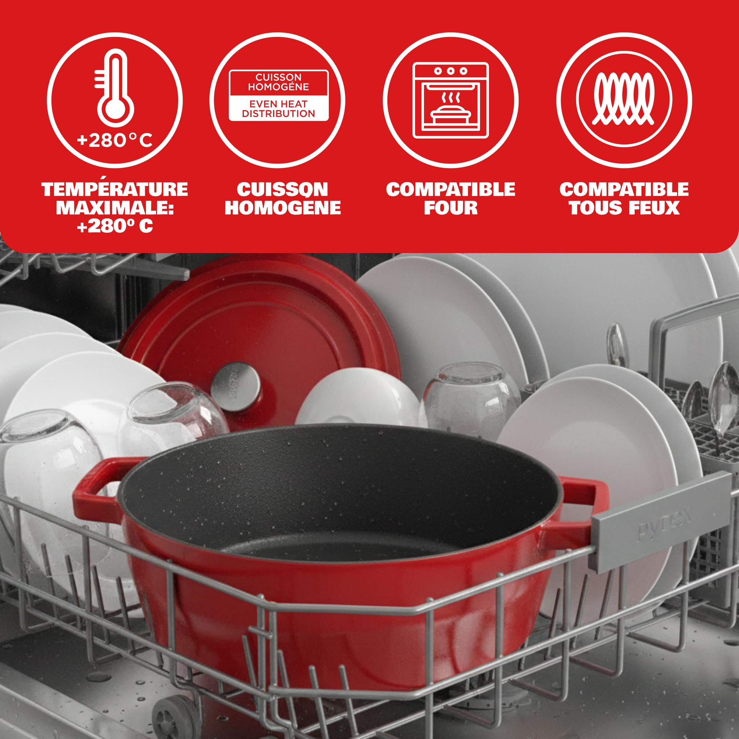 Pyrex - Cocotte En Fonte Ovale Rouge 29 cm - Cocotte avec Couvercle à Arrosage Intégré - Fonte émaillée Hautement Résistante - Polyvalente et Compatible Tous Feux - Ustensile de Cuisine - SlowCook