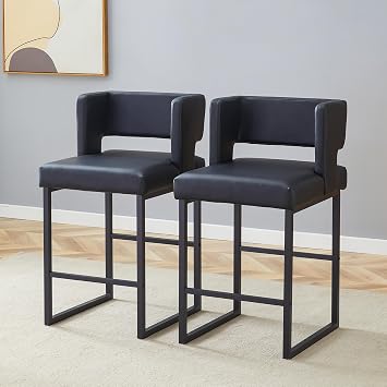 26" H Bar Stools Set of 2, Faux Leather Counter Height Bar Stools with Square Open Backrest and Metal Frame,Tall Kitchen Counter Chair for Island, Home Bar, Pub