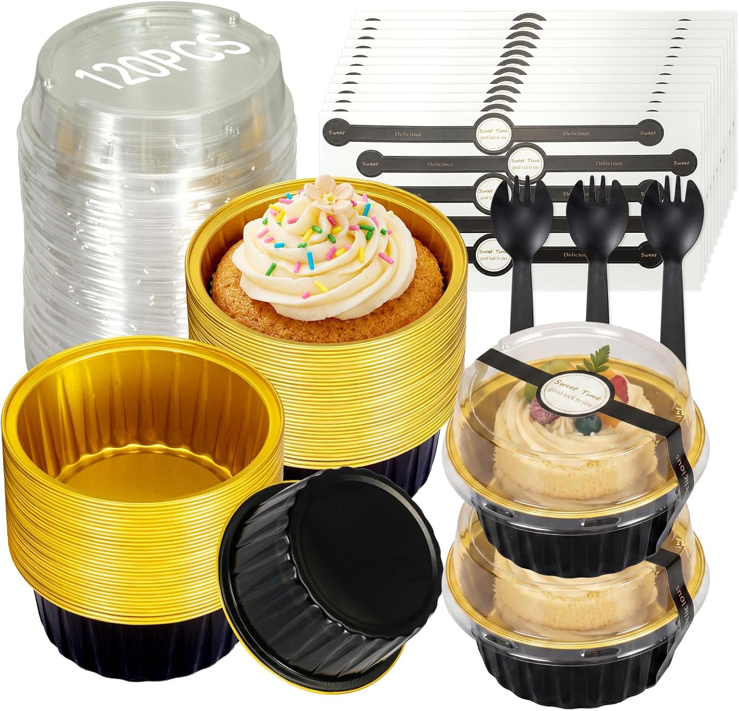 Mini Cake Pans with Lids, Aluminum Foil Cupcake Baking Cups - 5oz 60 Pack