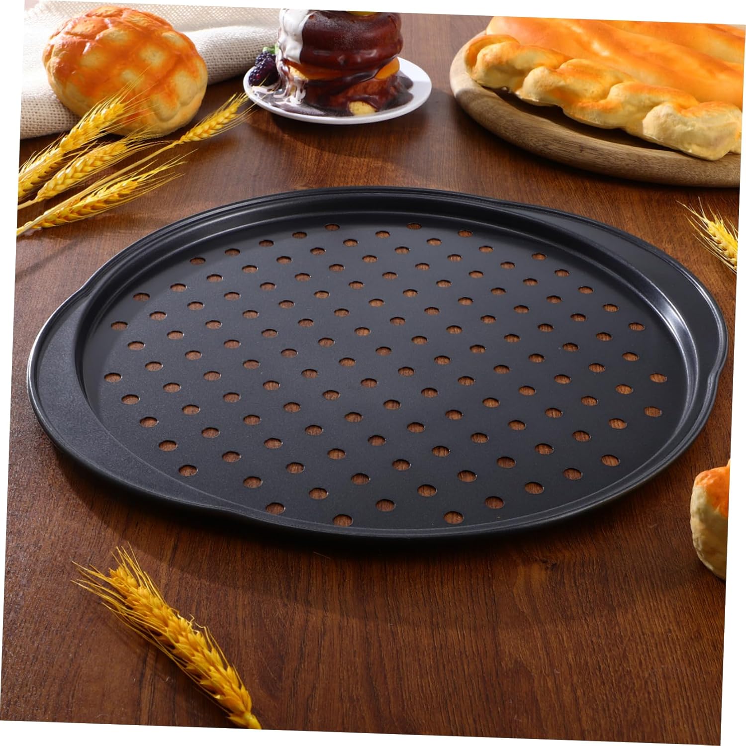 VOSAREA 4 Pcs Perforated Pizza Pans with Small Grips 35.5 * 32 * 1.3 Inch Carbon Steel Baking Tray for Oven for Homemade Pizza Baking and Serving