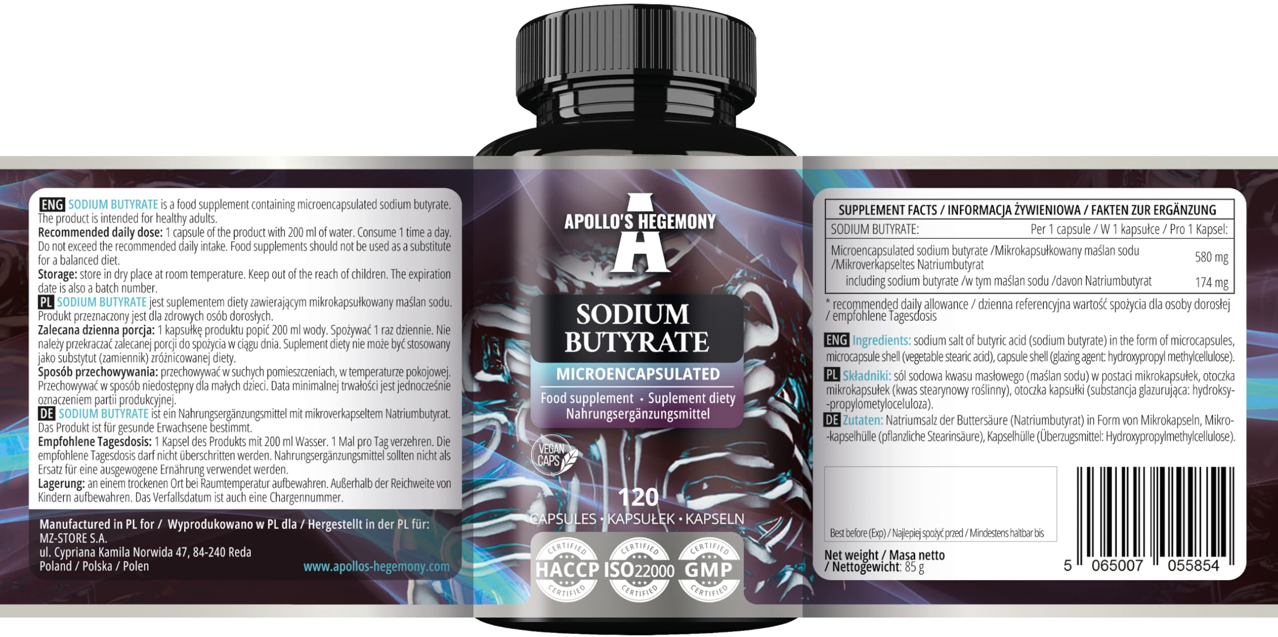 Sodium Butyrate High Dose 580 mg (30% Butyric Acid), 240 Capsules Végétales, 8 Mois, Supplément de Sodium pour Soutenir la Santé de l'Intestin - par Apollo's Hegemony
