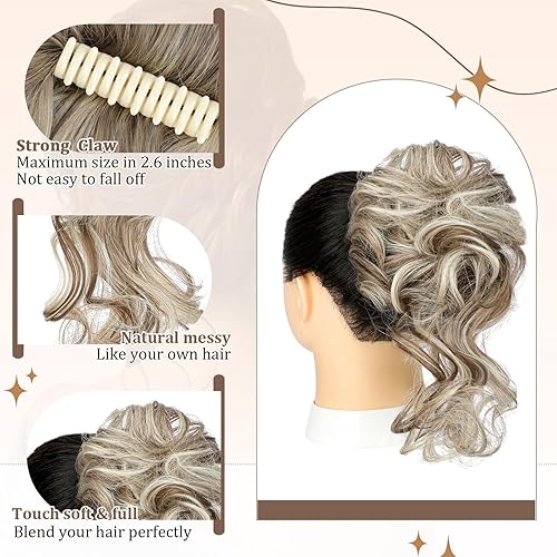 Miniatura 3 de Pinza de pinza para cabello desordenado, moño ondulado y rizado para cola de caballo, marrón claro y rubio decolorado