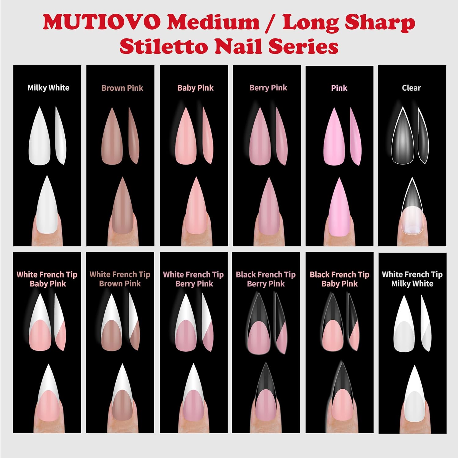Medium Sharp Stiletto Nail Tips 224 Pcs, Solid Pure Color MILKY WHITE Soft Gel Press on Nails, Pre-Colored Full Cover Artificial Fake Nails for Home DIY & Salon, 16 Sizes