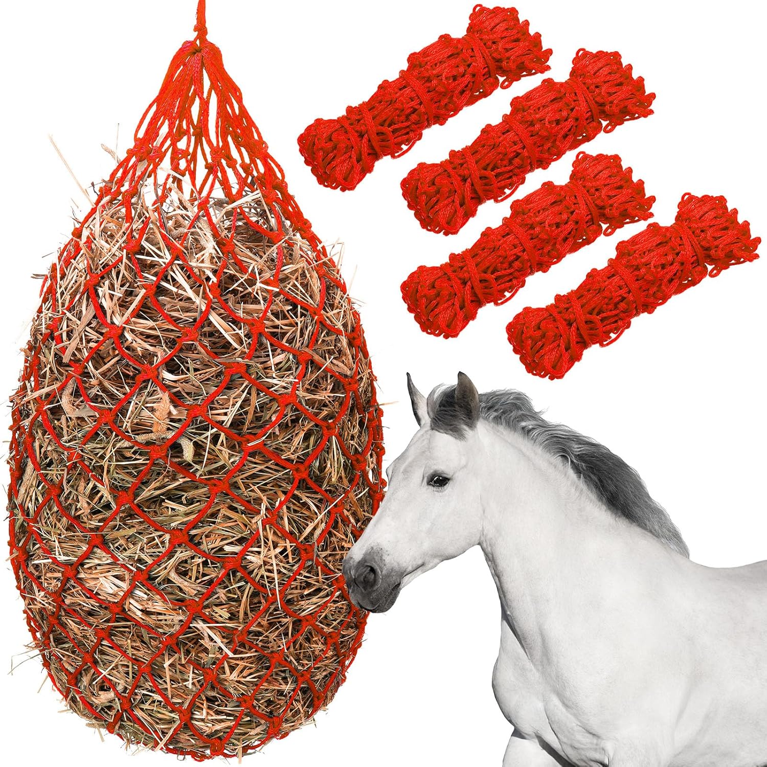 Nuenen 4 Pcs Hay Bags for Horses Goat 40 Inch Oxford Slow Feeder Hay Nets Bag for Horses Sheep Hanging Feeding Supplies Trailer Stable(Blue)
