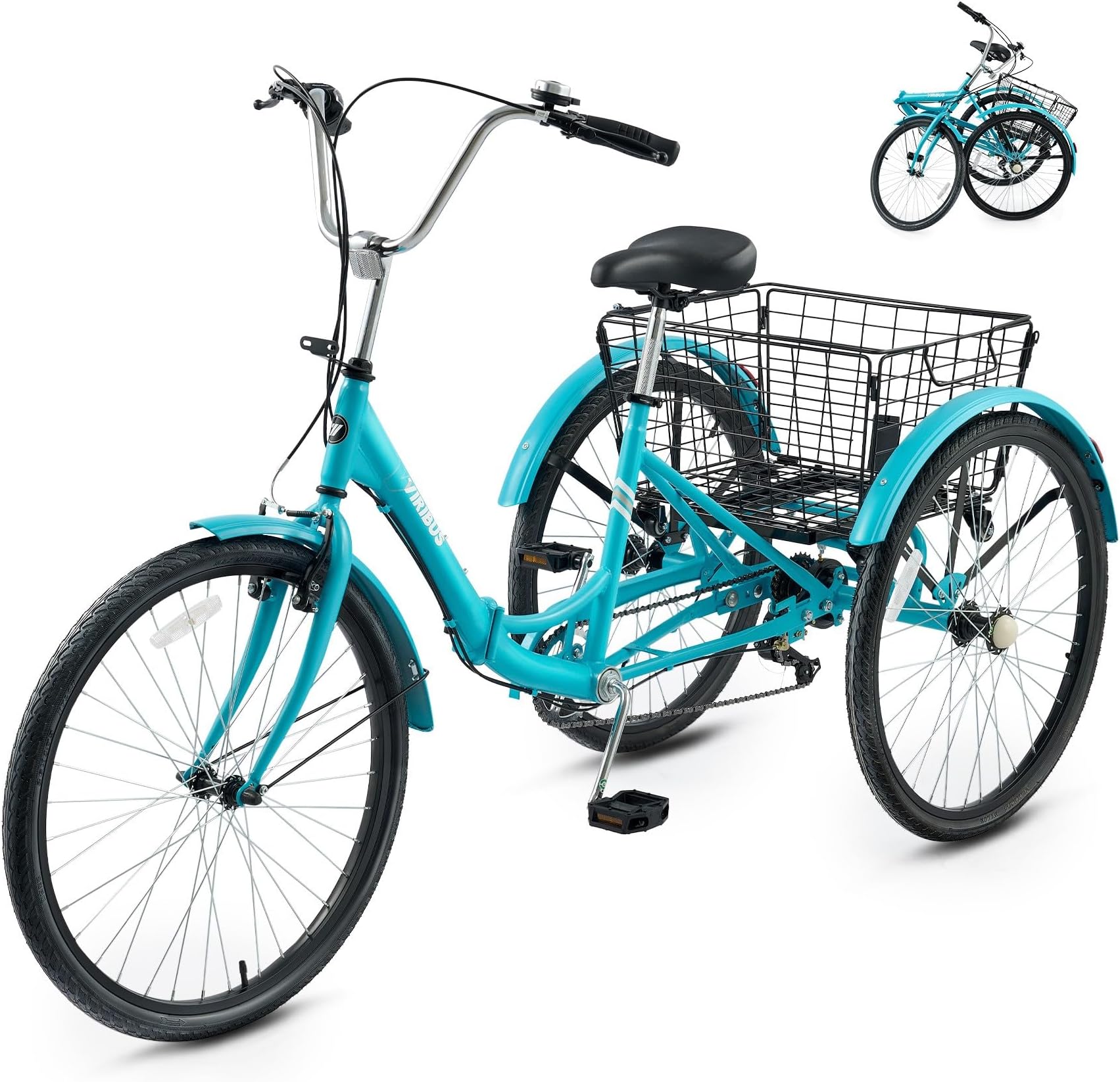 Viribus Folding Adult Tricycle, 24/26 Inch 3 Wheel Bike with Large Detachable Basket, 7 Speed Low Step-Through Tricycle for Men Women Seniors, Adult Trike Bike for Shopping Picnic Beach