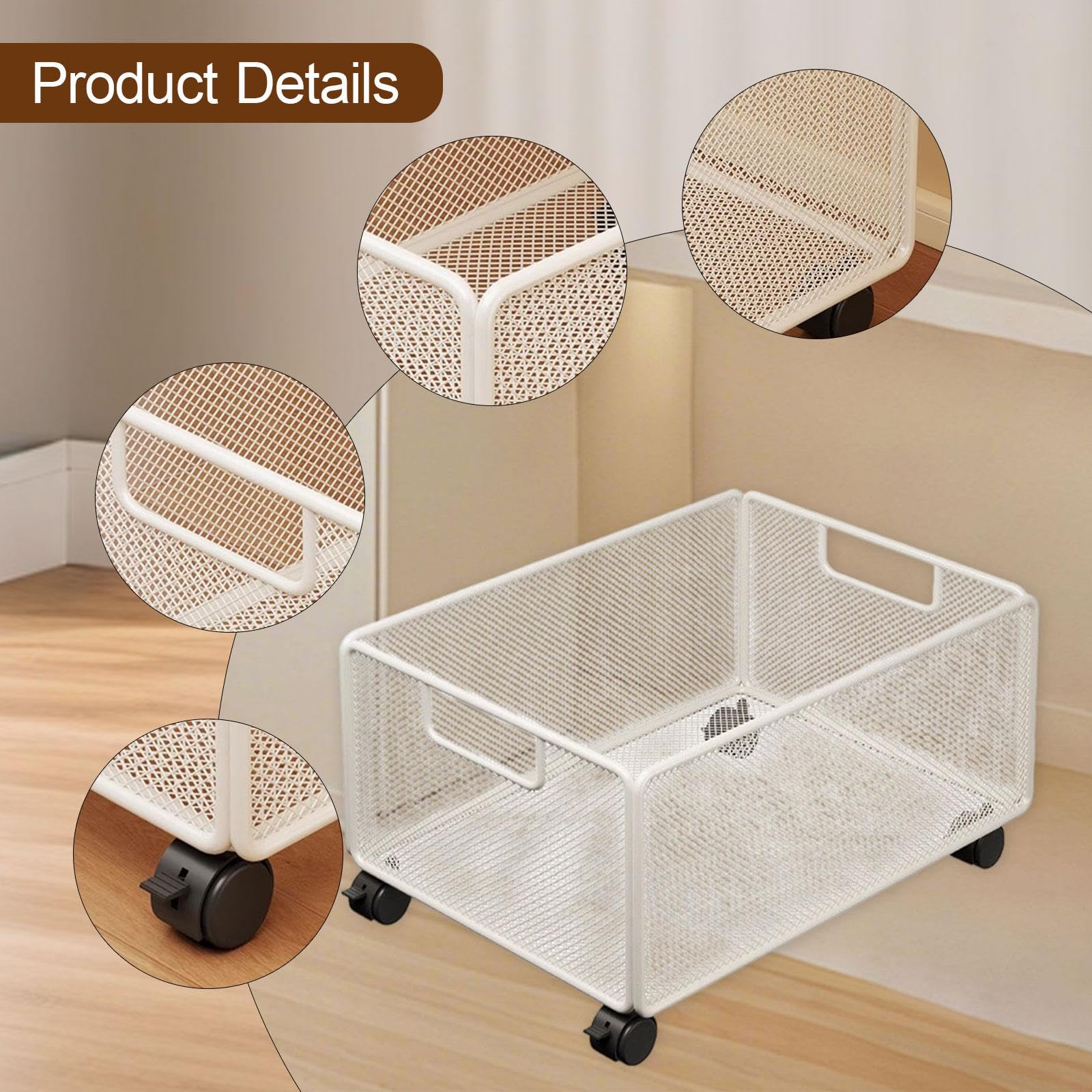 Carro de Almacenamiento Bajo Escritorio Organizador de Archivos con Ruedas Hierro Rejilla Móvil para Libros y Útiles Adecuado para Dormitorio Baño, 48 X 30 X 23 Cm