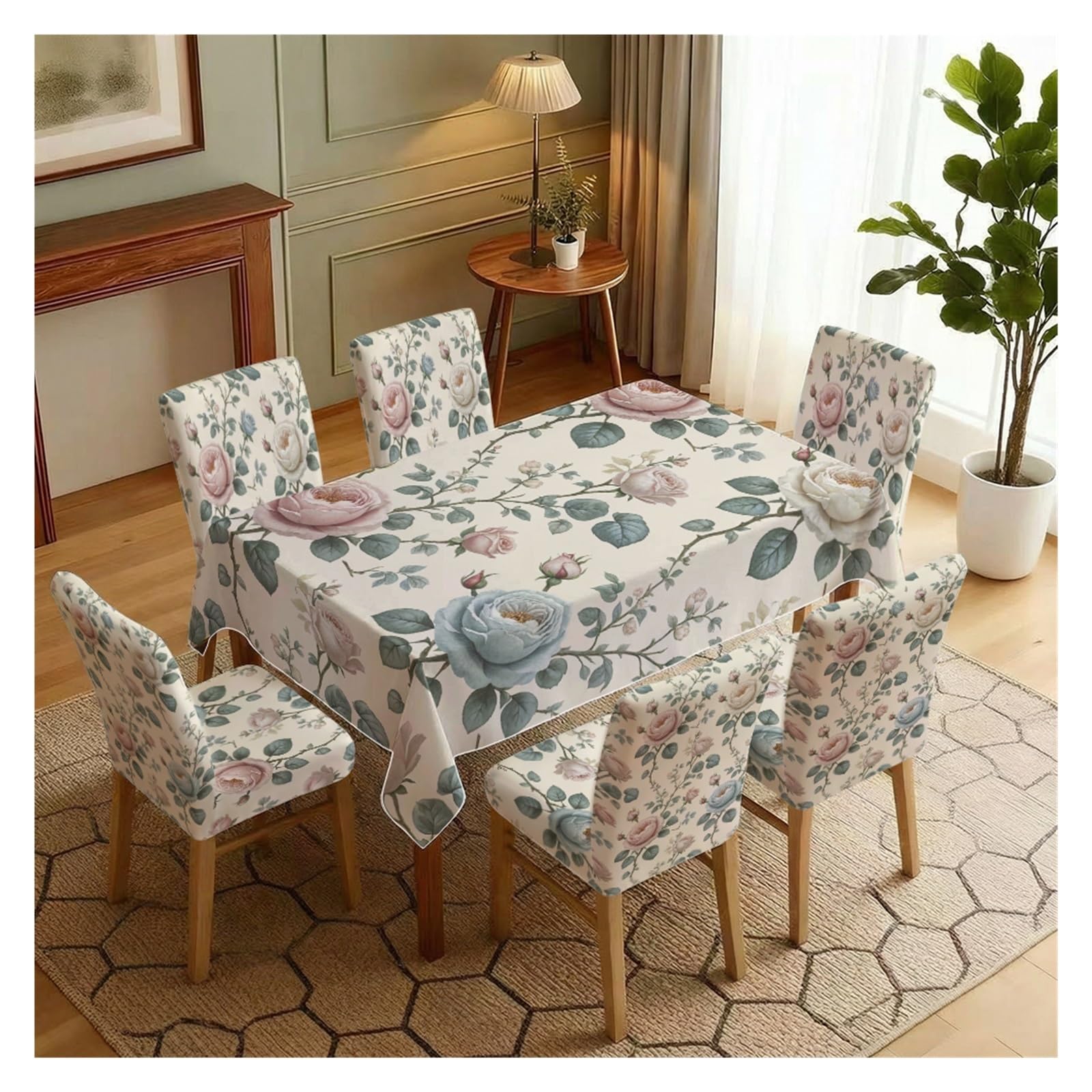BOSUYBN Soft Pastel Rose Vine Dining Chair Covers & Tablecloth Set, 5/7 Piece Vintage Botanical Slipcovers For Cottage Farmhouse Decor Table Setting(7pcs Set: Tablecloth+Chair Covers)