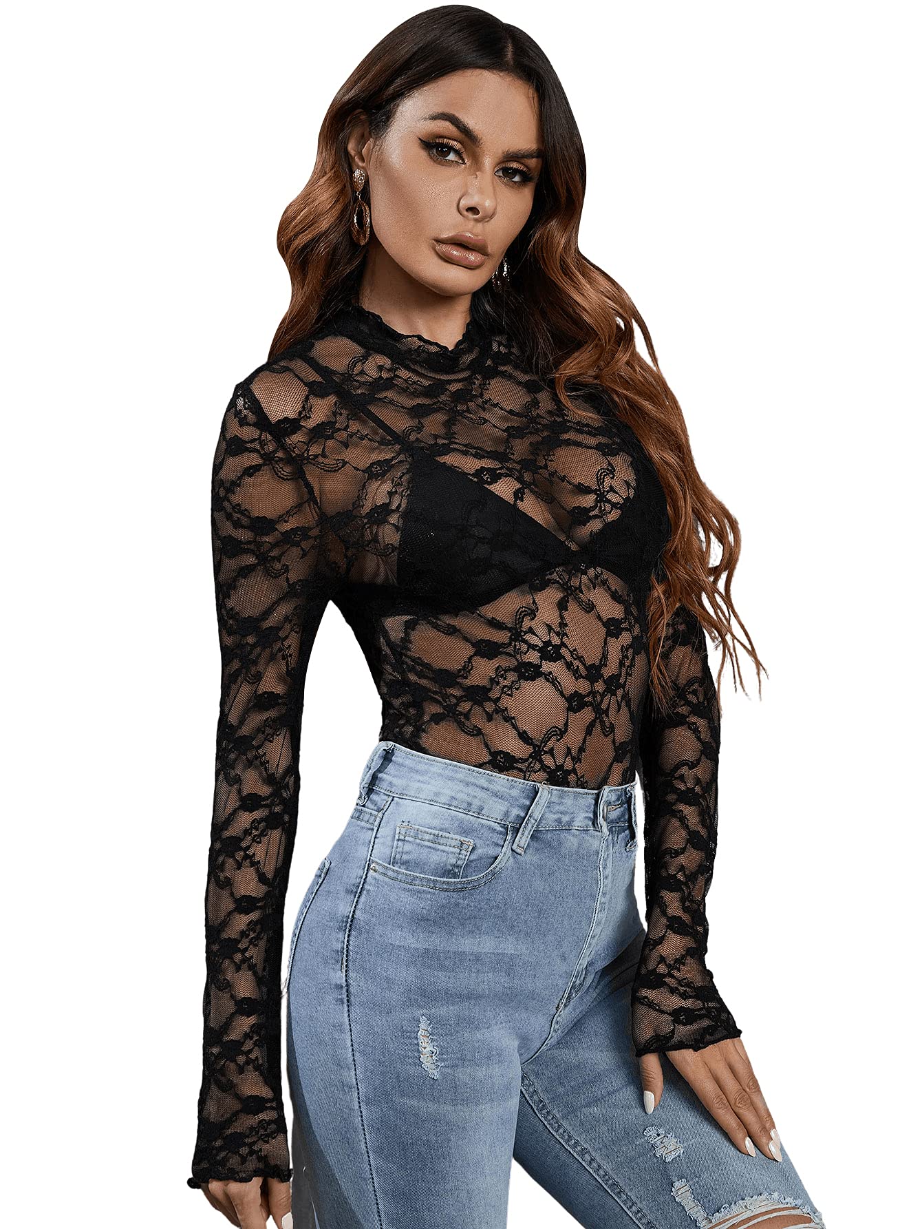 Floerns T-shirt à manches longues et col montant en maille transparente pour femme