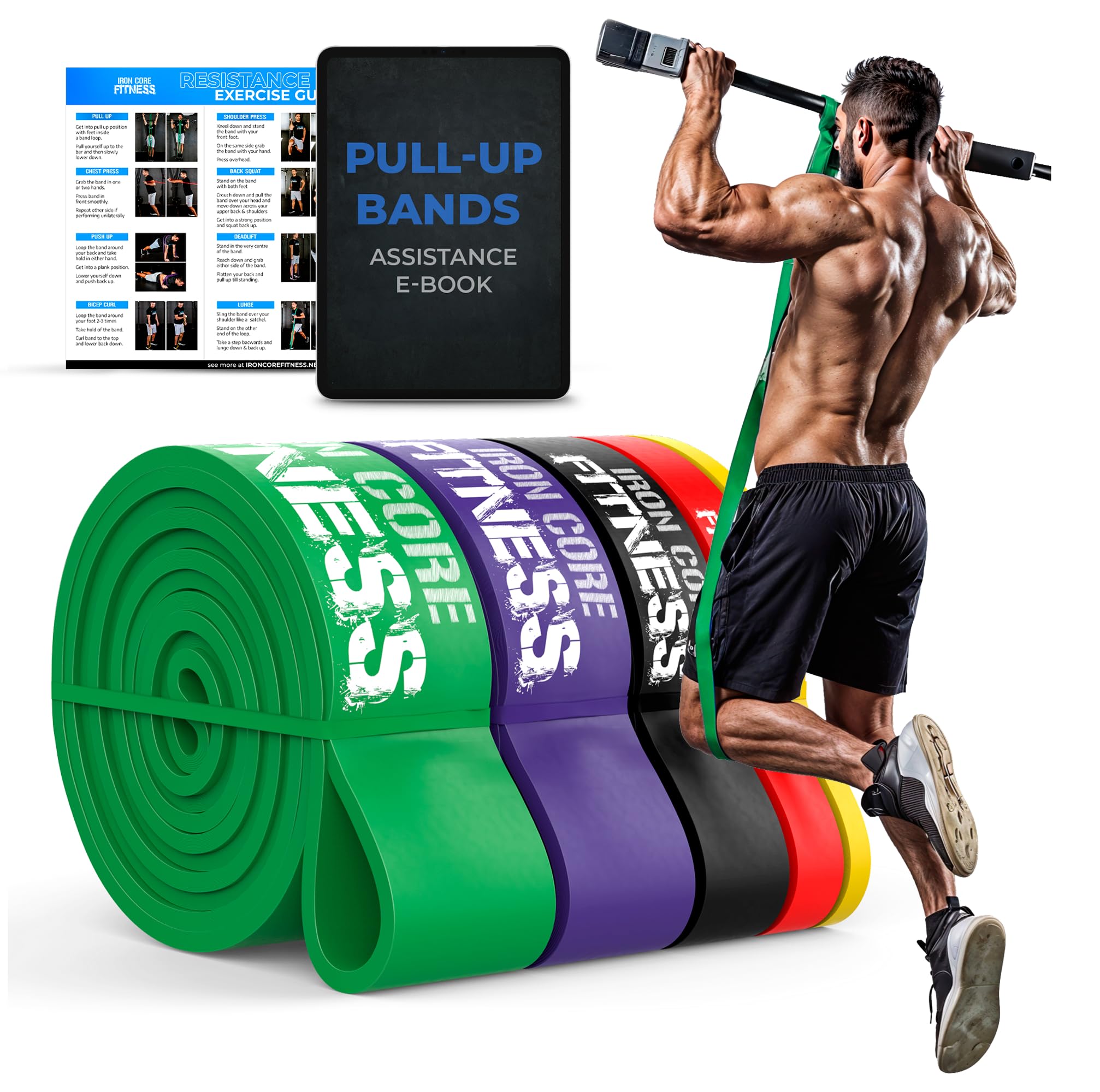 Pull Up Assistance Resistance Bands - Long Loop Power Bands for Men and Women - Strength Power Flexibility Training at Home & Gym - Ebooks & Workout Chart Included by Iron Core Fitness