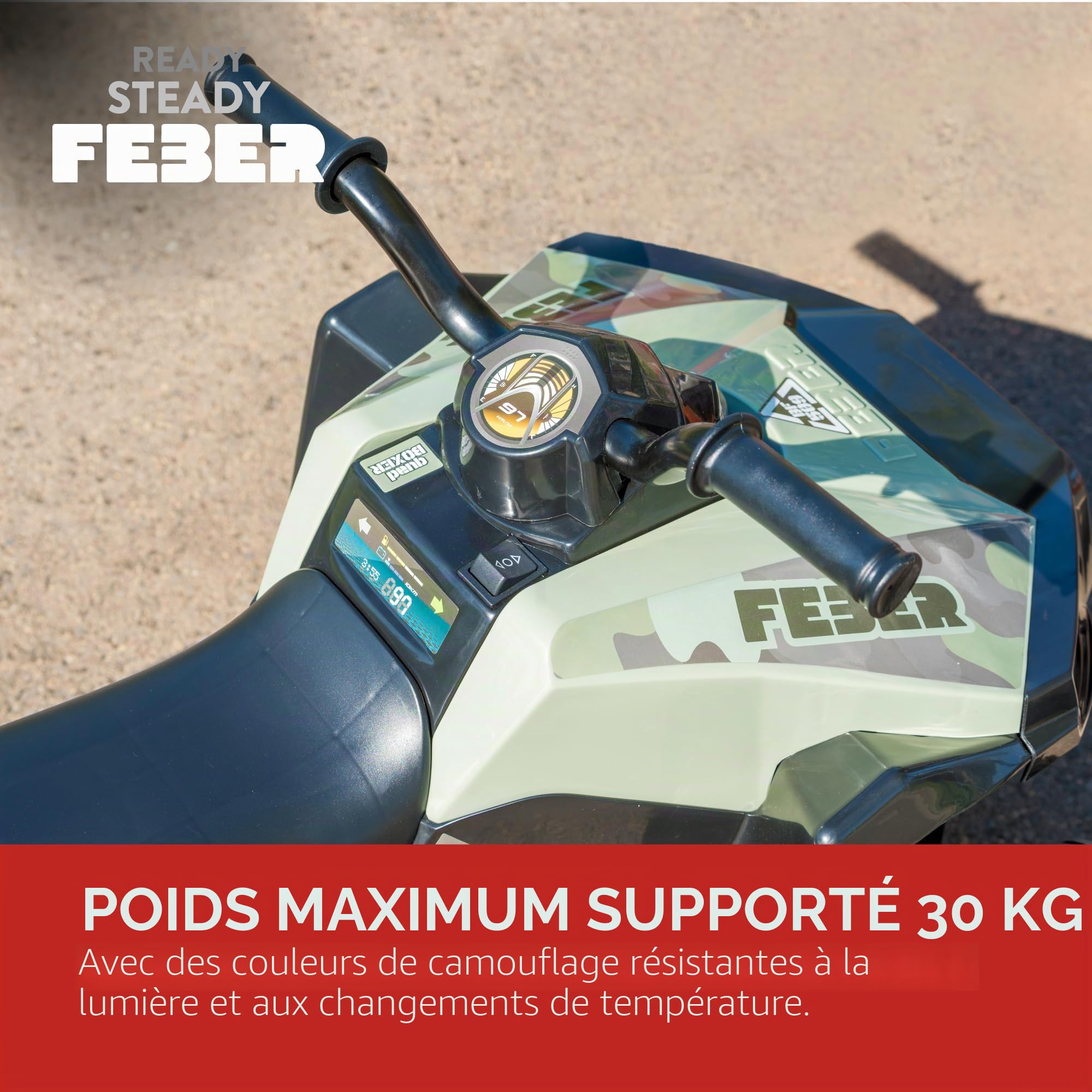FEBER - Quad Boxer 12V, véhicule électrique à Batterie 12V, avec Marche Avant, Marche arrière et Frein, jusqu'à 5 km/h, Chargeur Inclus, 45 Min de Jeu, +3 à 5 Ans, Famosa (FEN45000)