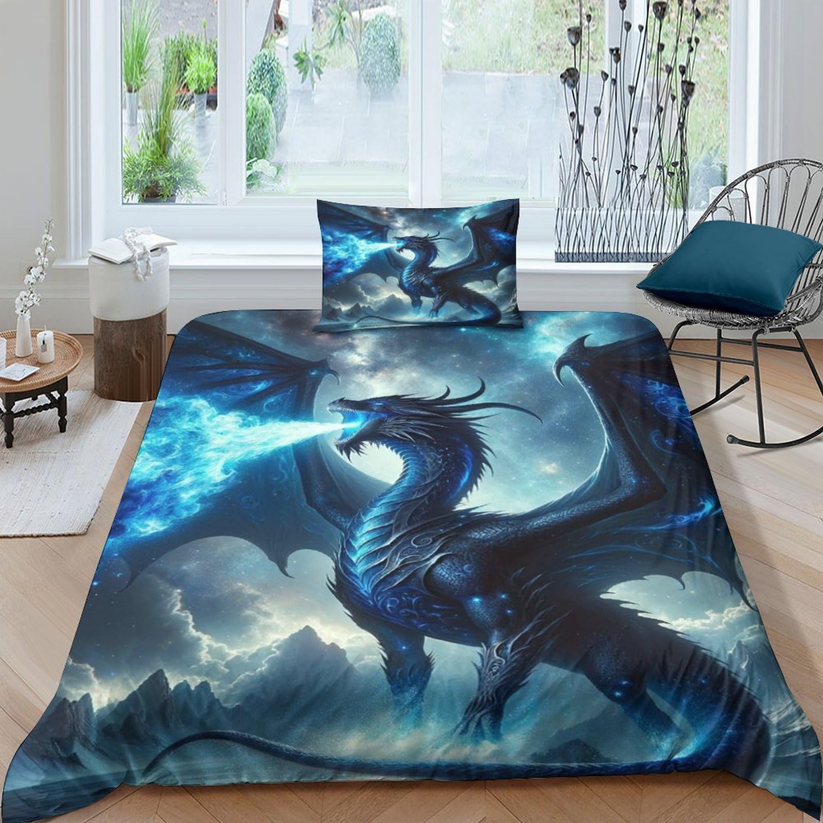 TNFHSOFT Flying Dragon Duvet Cover Set Bedding Quilt Cover Set with Shames Soft Microfiber Xmas Bedding Sets with Zipper 3PCs Boys And Girls Single（135x200cm）