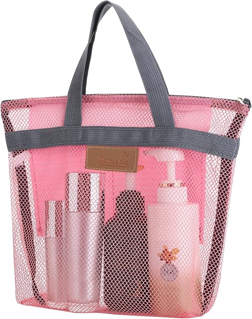 Grevosea Mesh Shower Caddy, Portable Shower Bag Quick Dry Shower Tote Bag with Zipper & 2 Pockets for College Dorms Gym Swimming Beach Travel Sports Games 10.6*7.8 Inch (Pink)
