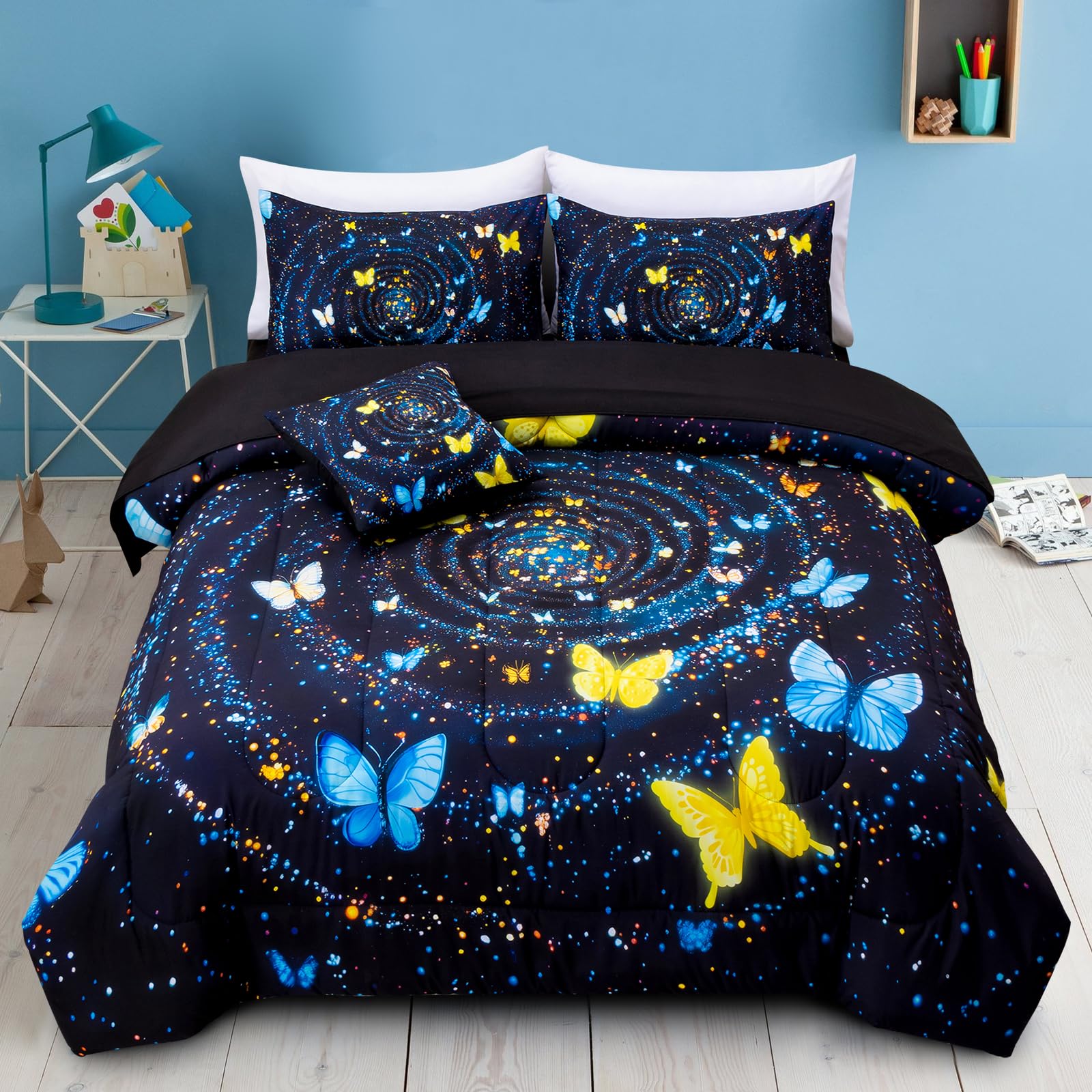 A Nice Night Swirling Gradient Glitter Like Swirling Comforter Set Size, Various Flying Butterflies Galaxy Theme Ultra Soft Bedding Sets 6 Piece Bed in a Bag,Queen, Blue