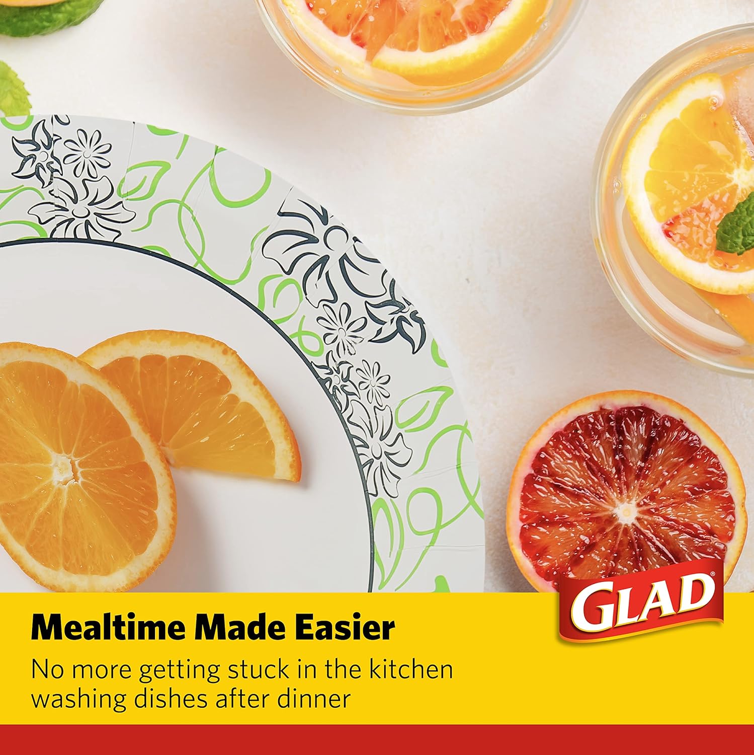 Glad Round Disposable Paper Plates, Whimsical Florals Pattern, Soak Proof, Cut Resistant, Microwave Safe, Decorative Dinner and Dessert Plates for Everyday Meals and Parties, 8.5 Inch, 50 Ct - 12 Pack