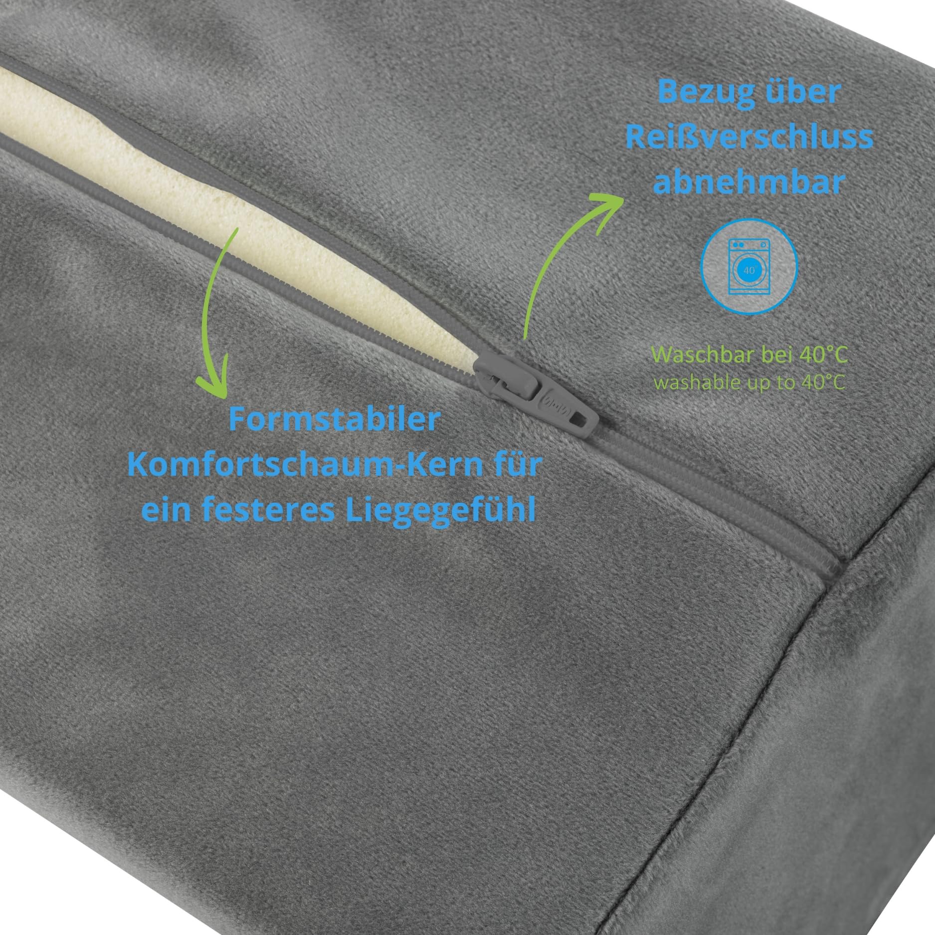 Bodyprotect festes Kniekissen 42x18x10 cm mit Mikroplüsch Bezug, Nackenrolle, Beinkissen 42 x 18 x 10 cm, Kissenrolle Neck Pillow, Kopfkissen, Oeko-TEX, Made in EU, bis 40 Grad waschbar