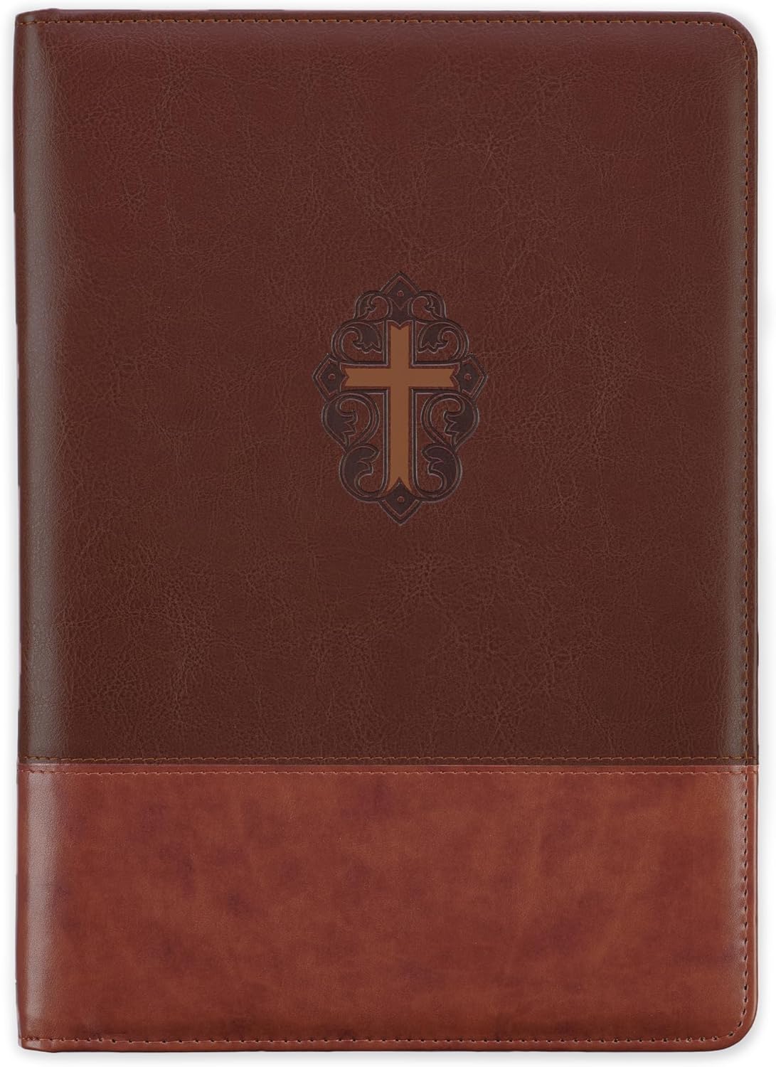 Christian Art Gifts John 3:16 Cross Two-Tone Zippered Brown Faux Leather Padfolio/Portfolio Folder Notepad with Single Pen with Highlighter Tip for Notes