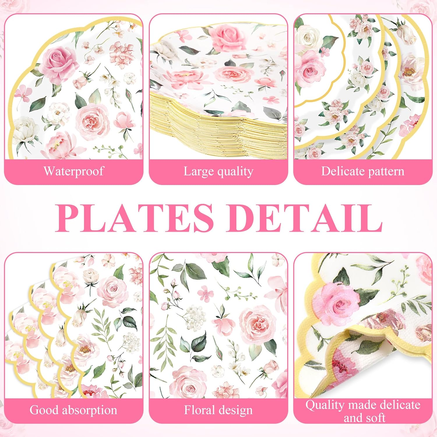Yungyan 194 Pcs Floral Party Supplies Valentines Pink Floral Scalloped Plates and Napkins Tablecloth Cups Bridal Shower Disposable Tableware Set for Wedding Birthday Baby Shower Tea Party Decoration