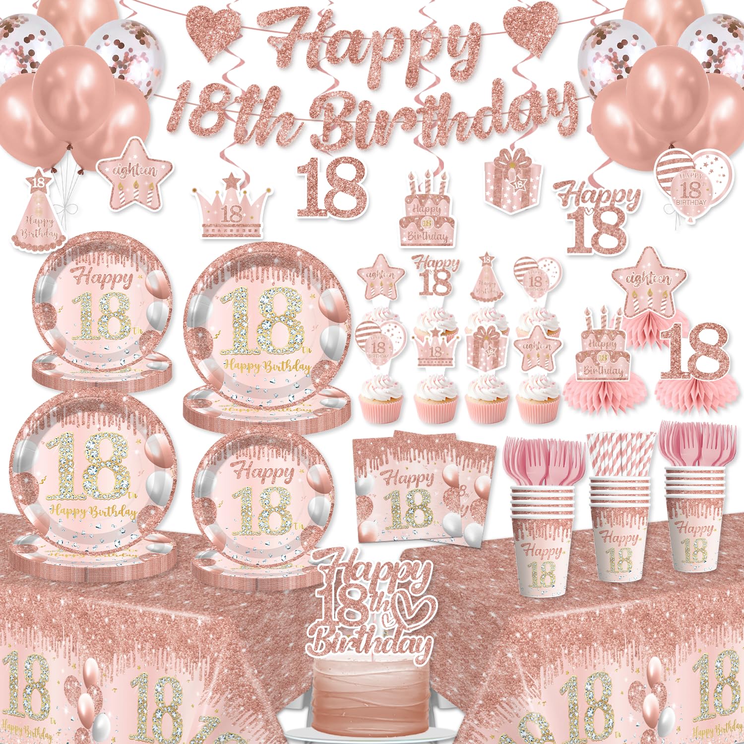Xynic 193Pcs Rose Gold 18th Birthday Decorations for Girls