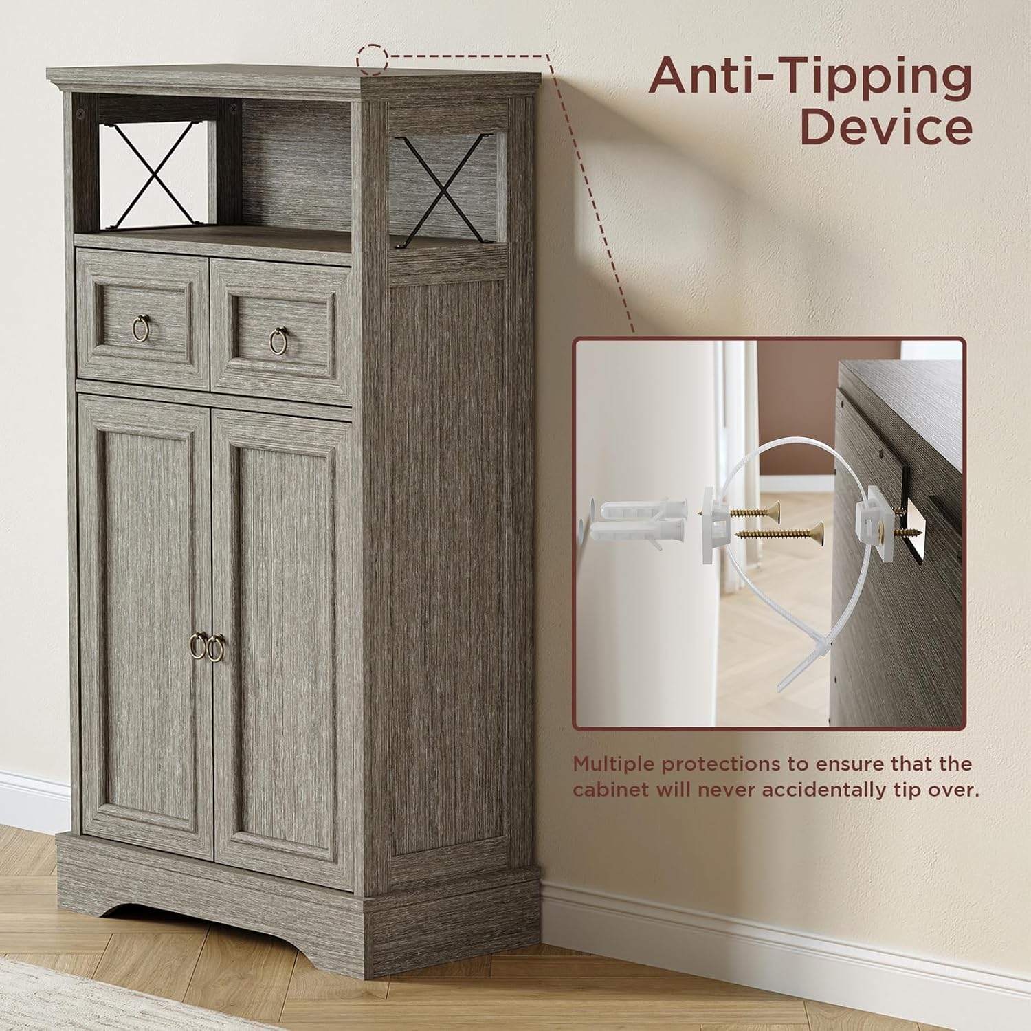 Maupvit Storage Cabinet with Drawers and Adjustable Shelves,Small Floor Storage Cupboard for Kitchen,Living Room,Home Office,Grey