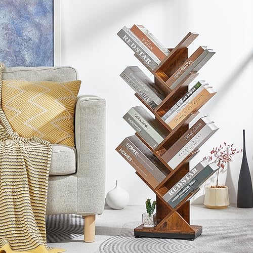 Miniatura 6 de ruboka Estantería de árbol de 9 niveles, 9 estantes para CDrevistaslibros, estantería retro para dormitorio, sala de estar, oficina, balcón,