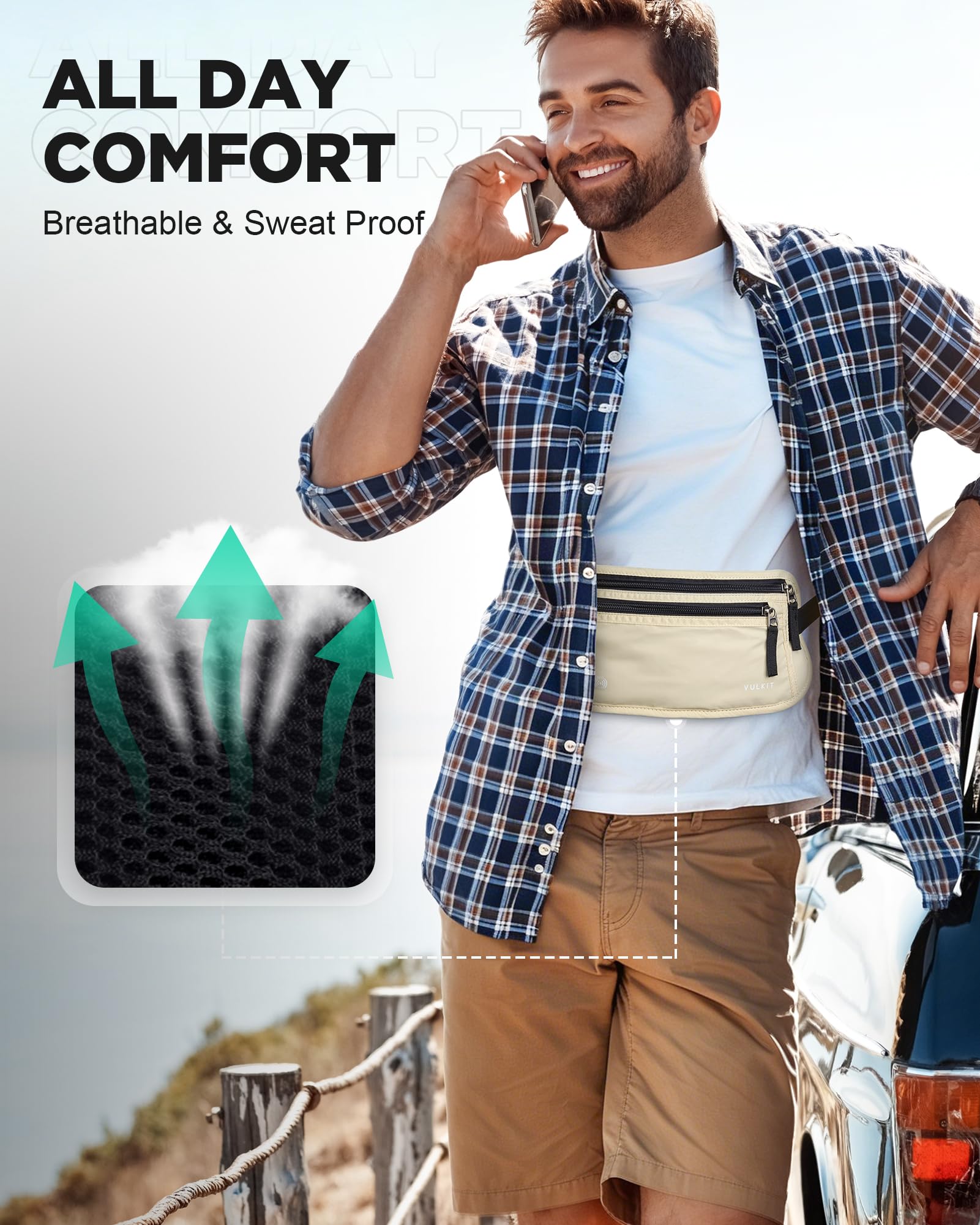 VULKIT Riñonera Viaje para Hombre y Mujer RFID Funda Pasaporte Portadocumentos Viaje Antirrobo Discreta para Teléfono Móvil, Pasaportes, Efectivo - Blanco Crema