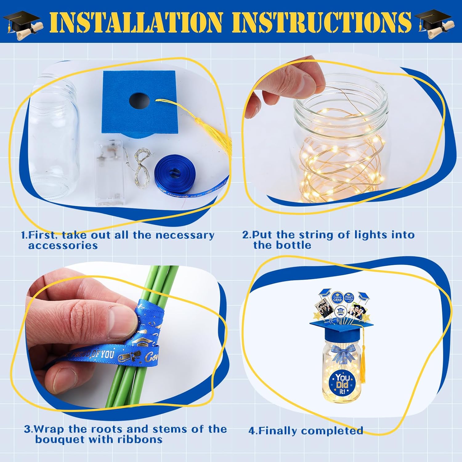 12 Sets Graduation Decorations Mason Jar Graduation Tables Centerpieces for Class of 2026 with Graduation Cap with Hole and Tasse for Flowers Graduation Party Ceremony School Event Decor (Blue)