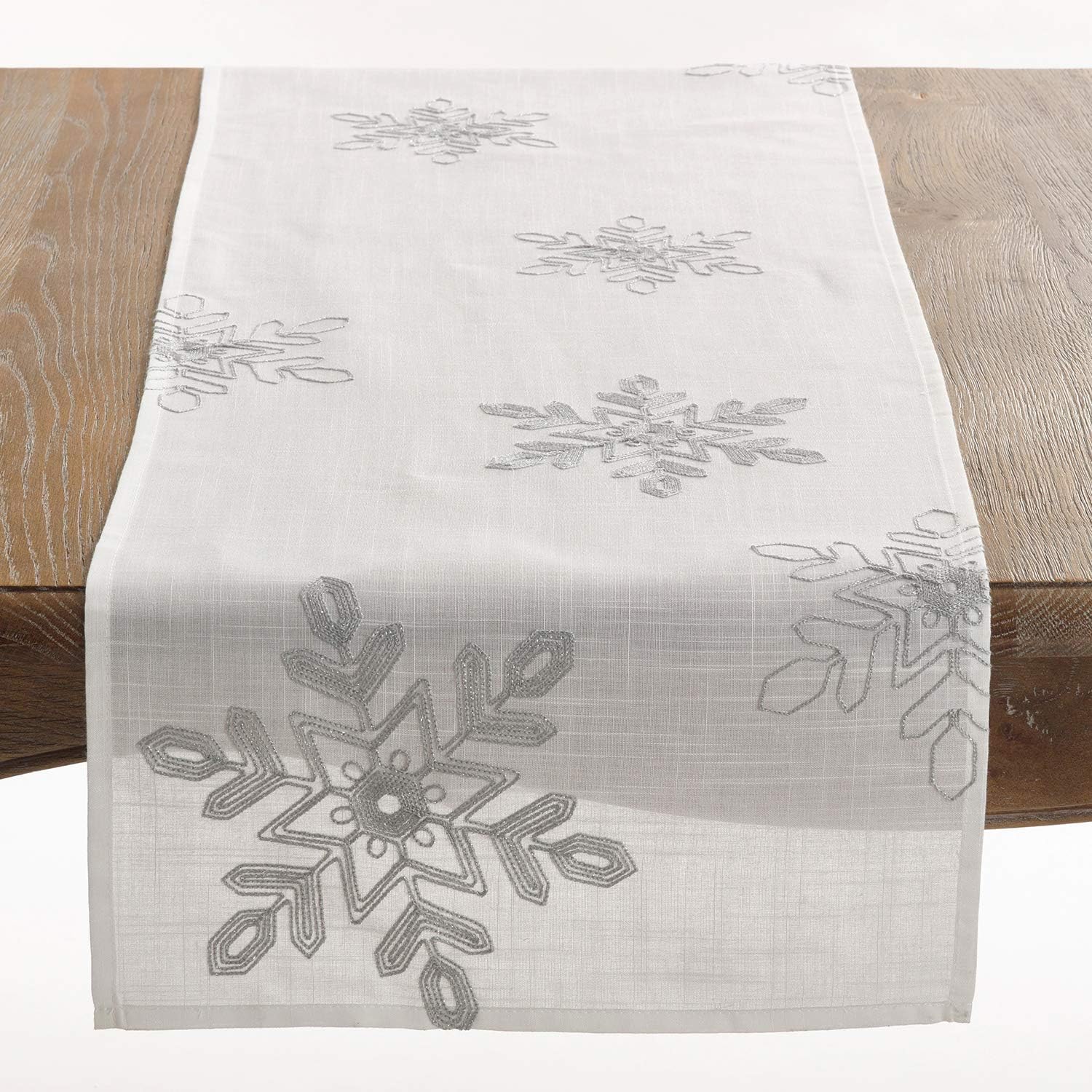 Fennco Styles Nivalis Collection Holiday Embroidered Snowflakes 16 x 70 Inch Table Runner – Silver Table Runner for Christmas Dinner, Family Gathering, Special Events and Home Décor