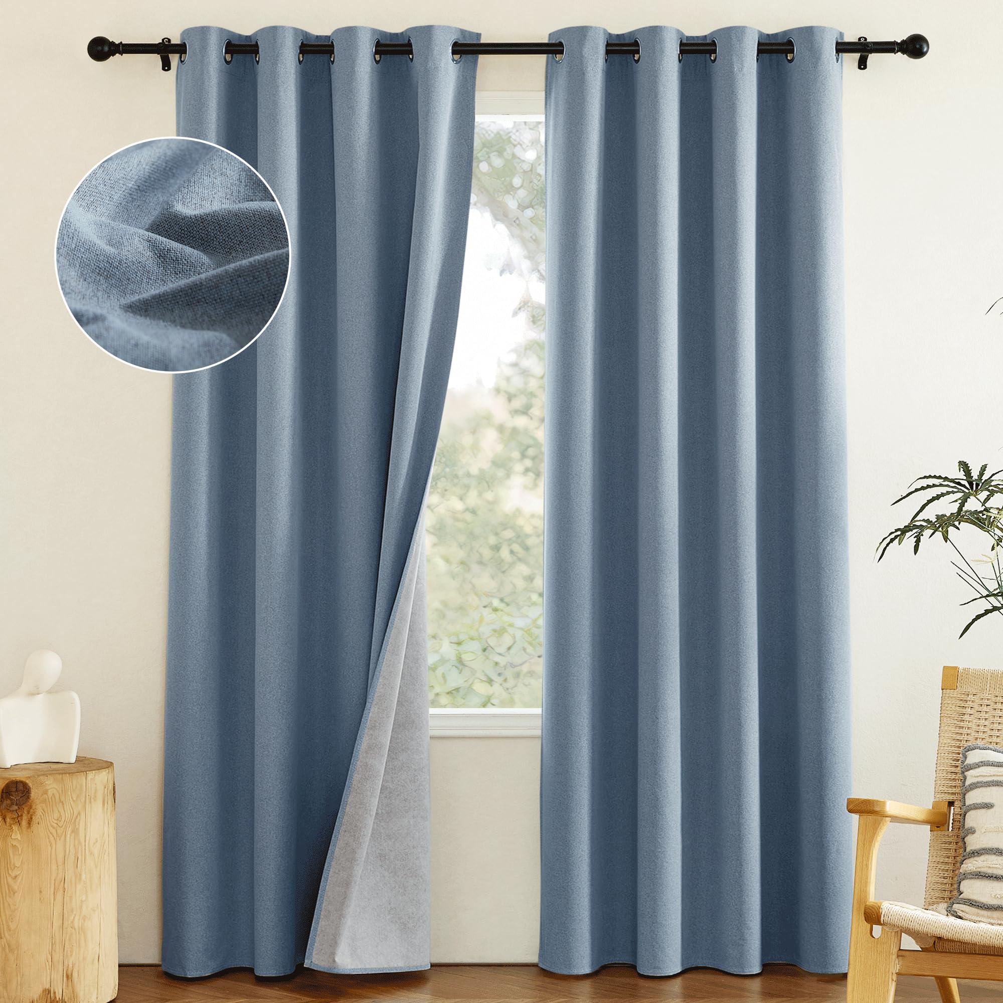 NICETOWN Stone Blue Full Shade Faux Linen Curtain Panels 84" Long, Pair of Energy Smart &amp; Noise Blocking Out Blackout Drapes for Guest Room Window, Thermal Insulated Lined Window Dressing (52 inch)