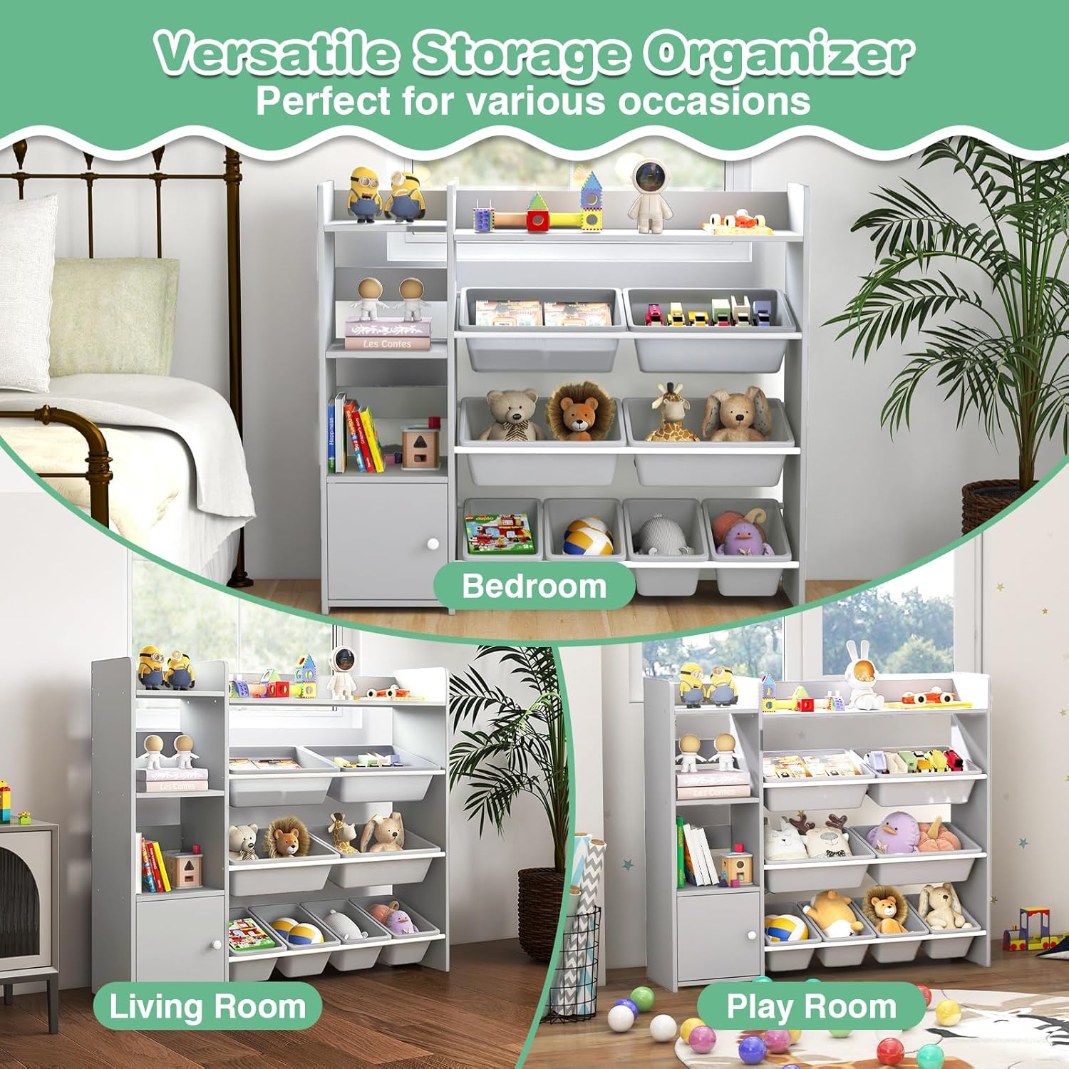 HONEY JOY Kids Toy Storage Organizer, Kids Bookshelf and Toy Storage, Storage Organizer w/8 Storage Boxes, 2 Open Shelves, Cabinet with Door for Playroom, Children's Room, Daycare (Gray)