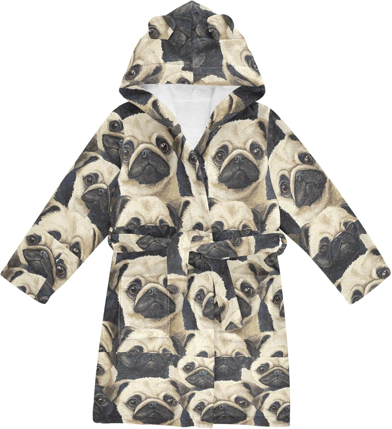 Cartoon Pug Dogs Bathrobe Hooded PJ Robe Soft Fleece Robe Pajama Sleepwear 2-12 Years