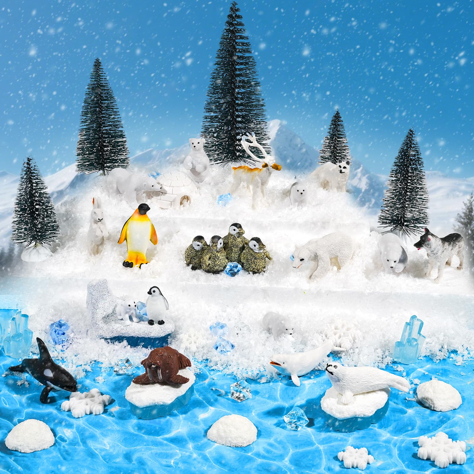 Warmtree 46 Pcs Arctic Animals Figurines Set Includes 22 Polar Bear Penguin Animals Figurines 6 Mini Pine Trees 18 Artificial Lceberg Fake Snow Ripple