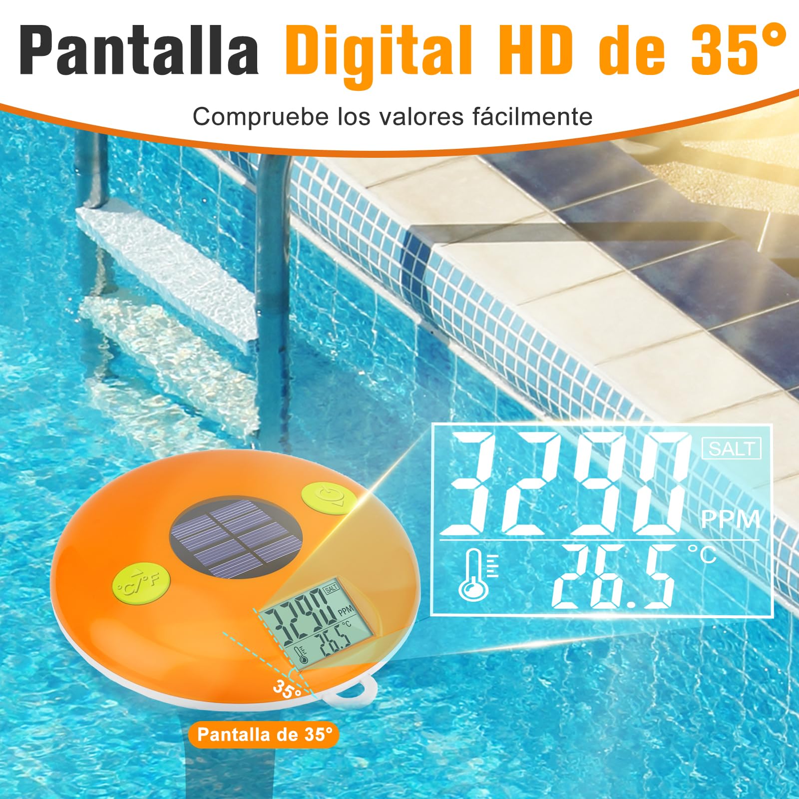 UIUZMAR Medidor de Sal Solar y Termómetro Flotante para Piscinas, Comprobador Digital de Salinidad y Temperatura para Agua Salada, Jacuzzis, Spas y Estanques
