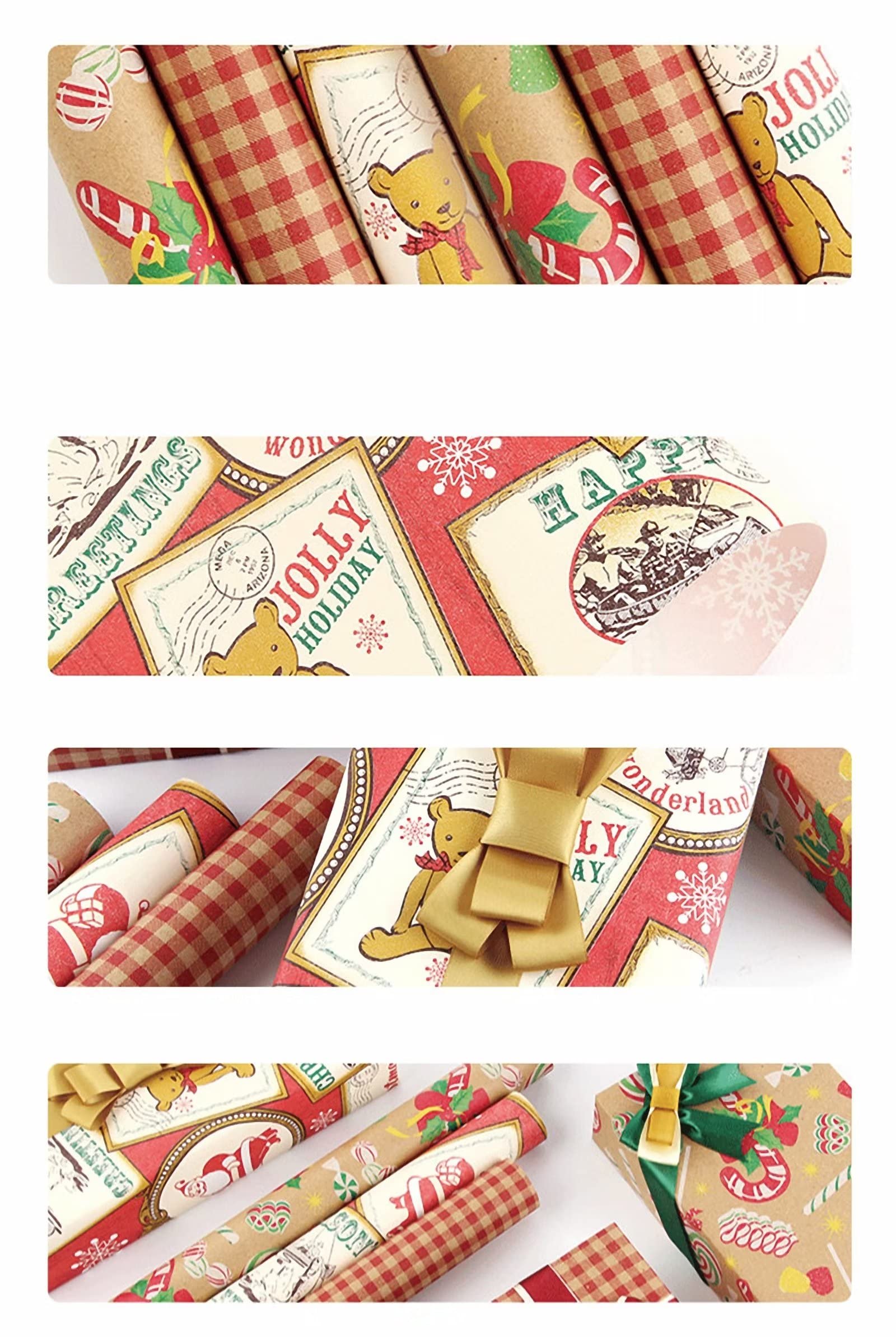 12 Rollen Geschenkpapier, Kraftpapier Weihnachten Süßigkeiten Büffel Spielen Weihnachtsmann Geschenkpapier mit Schnur, Aufkleber für Geburtstag, Babyparty, Urlaub, Party, 19,7 x 27,6 Pro Rolle, Rot
