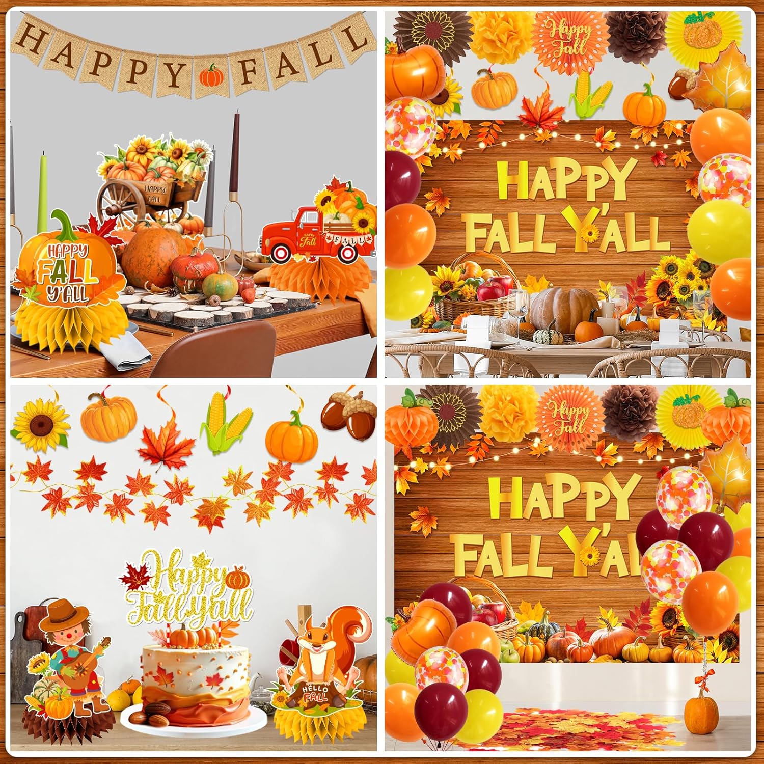 Fall Party Decorations, Autumn Party Decorations includes Happy Fall Yall Banner Fall Backdrop Orange Balloons and Hanging Swirls Honeycomb Centerpieces for Harvest Thanksgiving Party Decorations