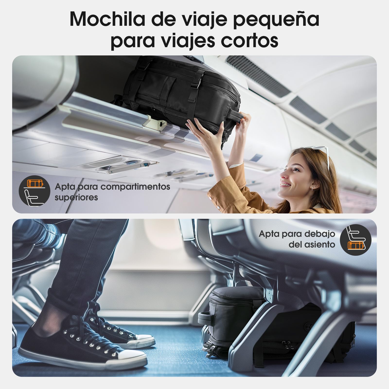 Samfolk Mochila viaje Cabina avion 40x20x25 Mochila viaje 12 Bolsillos Mochilas de viaje para avion de Separado para Zapatos Bolsa de Mano, 20L (Negro, 40x20x25)
