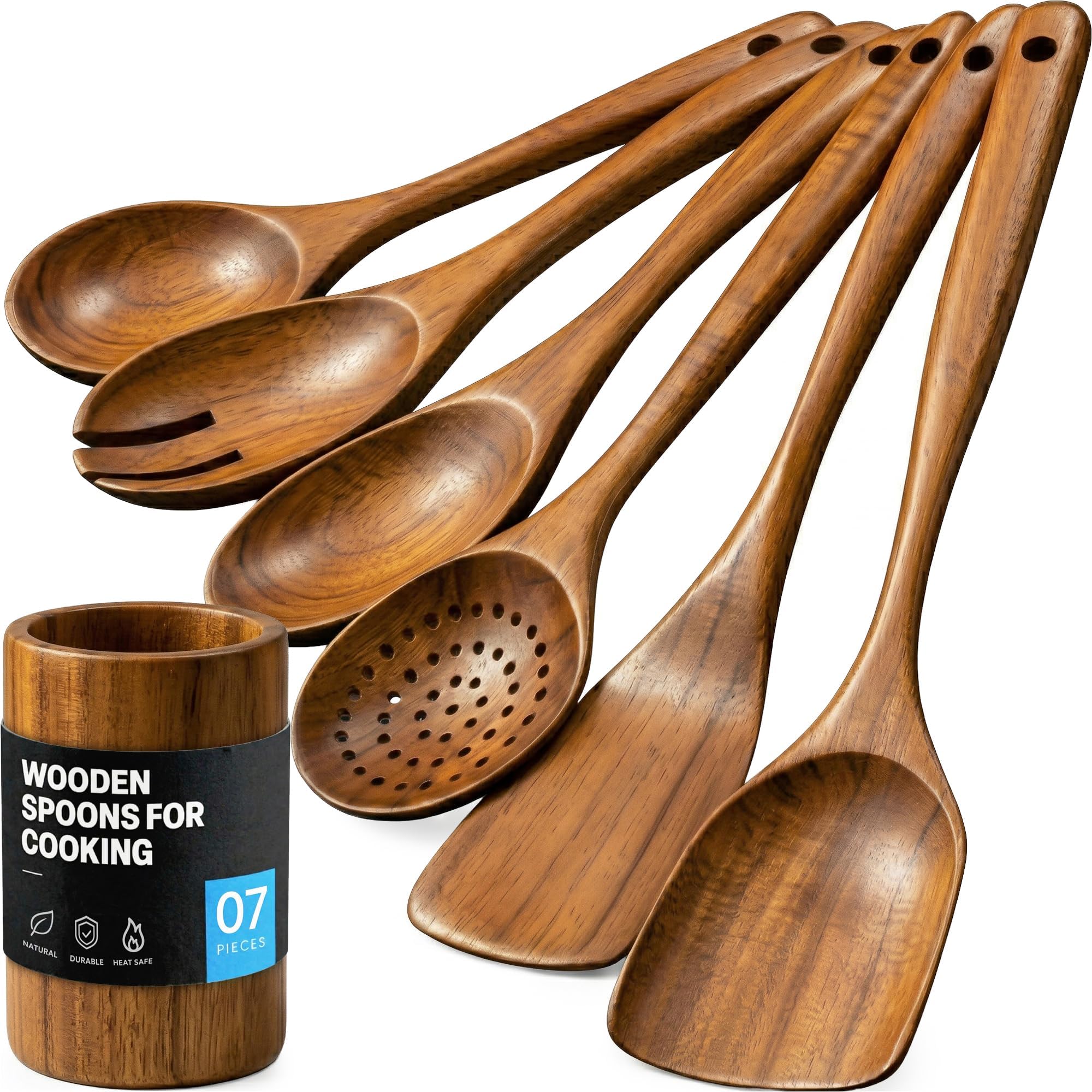 Zulay Kitchen 7-Piece Wooden Cooking Spoons Set โ Heat-Resistant, Smooth Teak Utensils with Comfort Grip โ Lightweight & Durable โ Easy to Clean, Perfect for Non-Stick Cookware