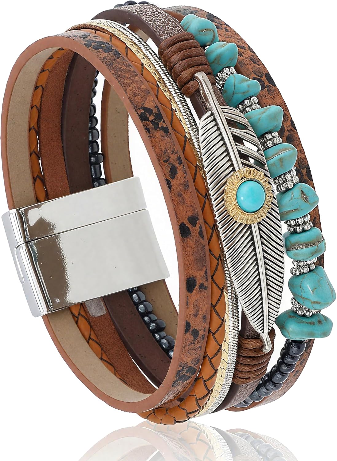 Turquoise bracelet women boho multilayer leather feather magnetic clasp