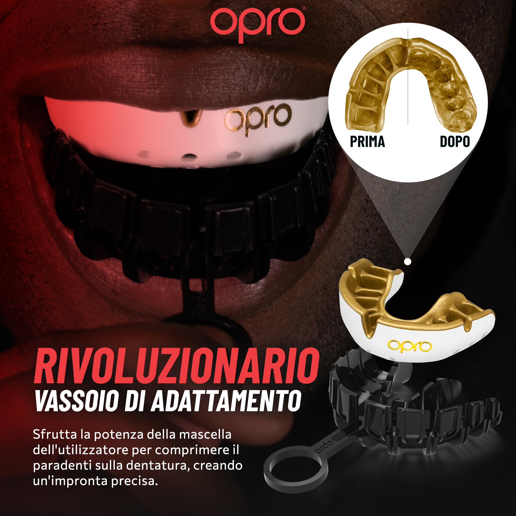OPRO Paradenti Livello Oro - Aderenza Ottimale - Paradenti per Boxe, MMA, Rugby, Hockey - Protezione Dentale per Adulti e Bambini - Facile da Modellare - Con Garanzia Dentale